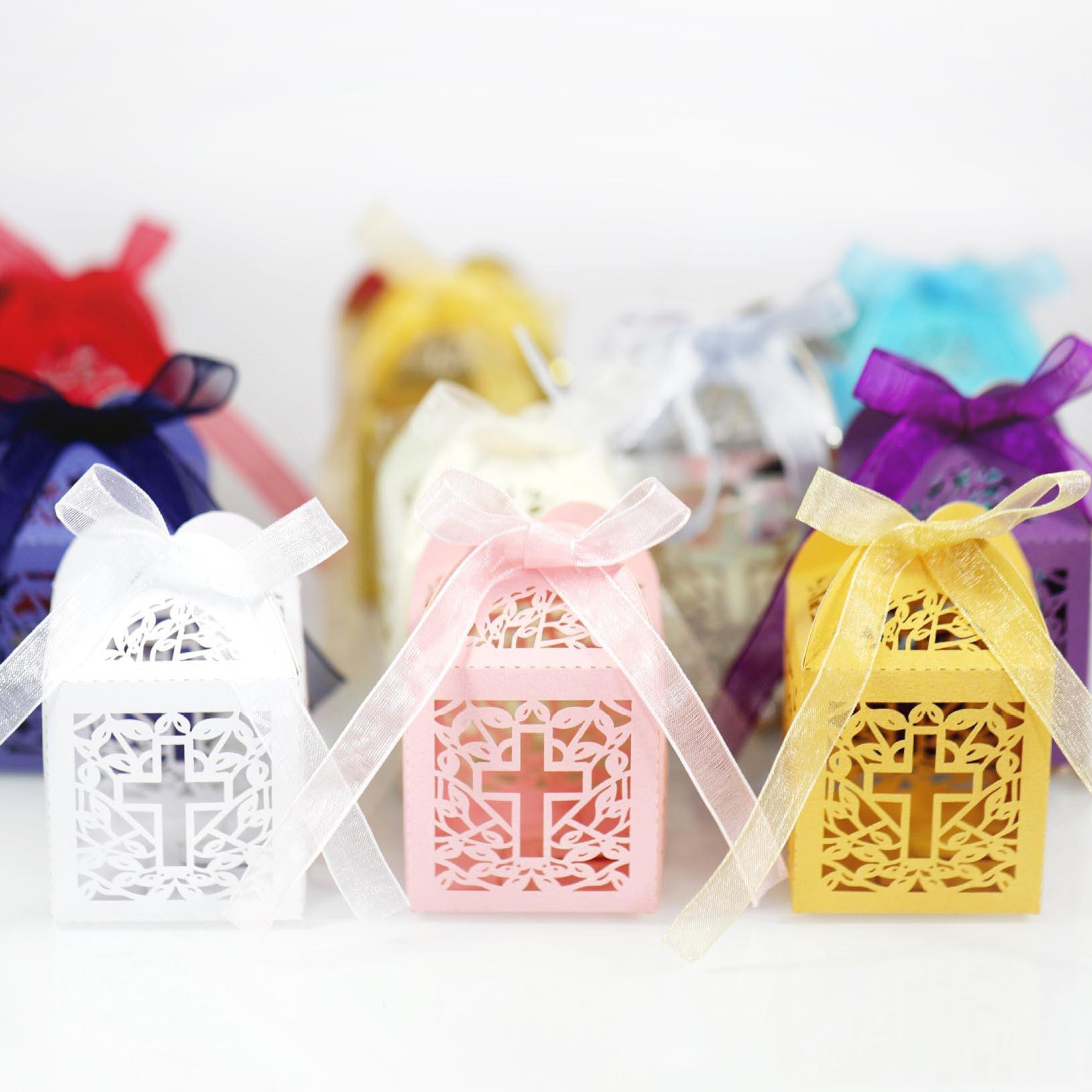 

25pcs Cross Candy Box With Ribbon, Can Be Used For Party Wedding Birthday Baptism And Other Various Party Decorations
