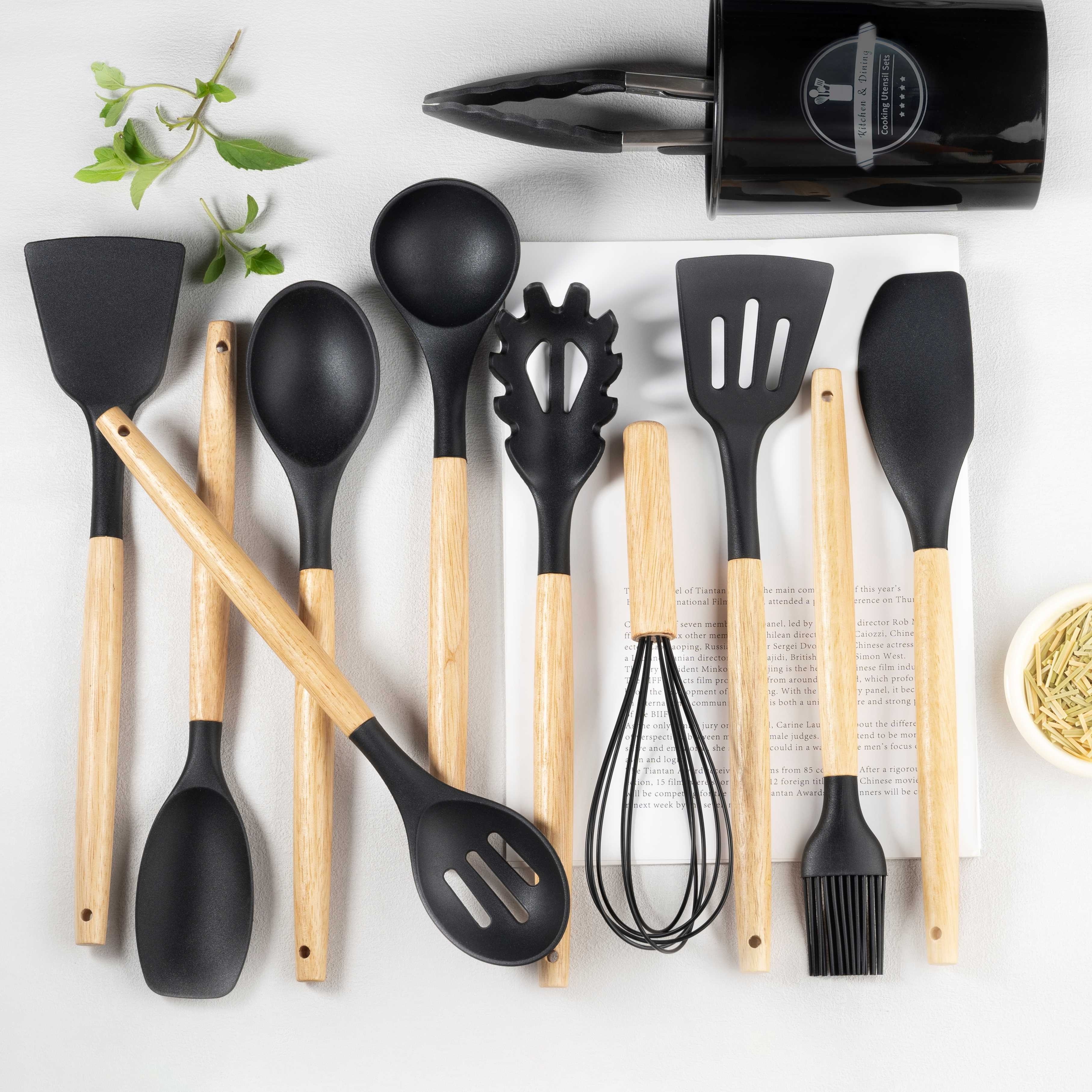 Juego de cucharas de pala, utensilios de cocina de silicona, 9/11,  utensilios de cocina de silicona de madera natural, utensilios de cocina