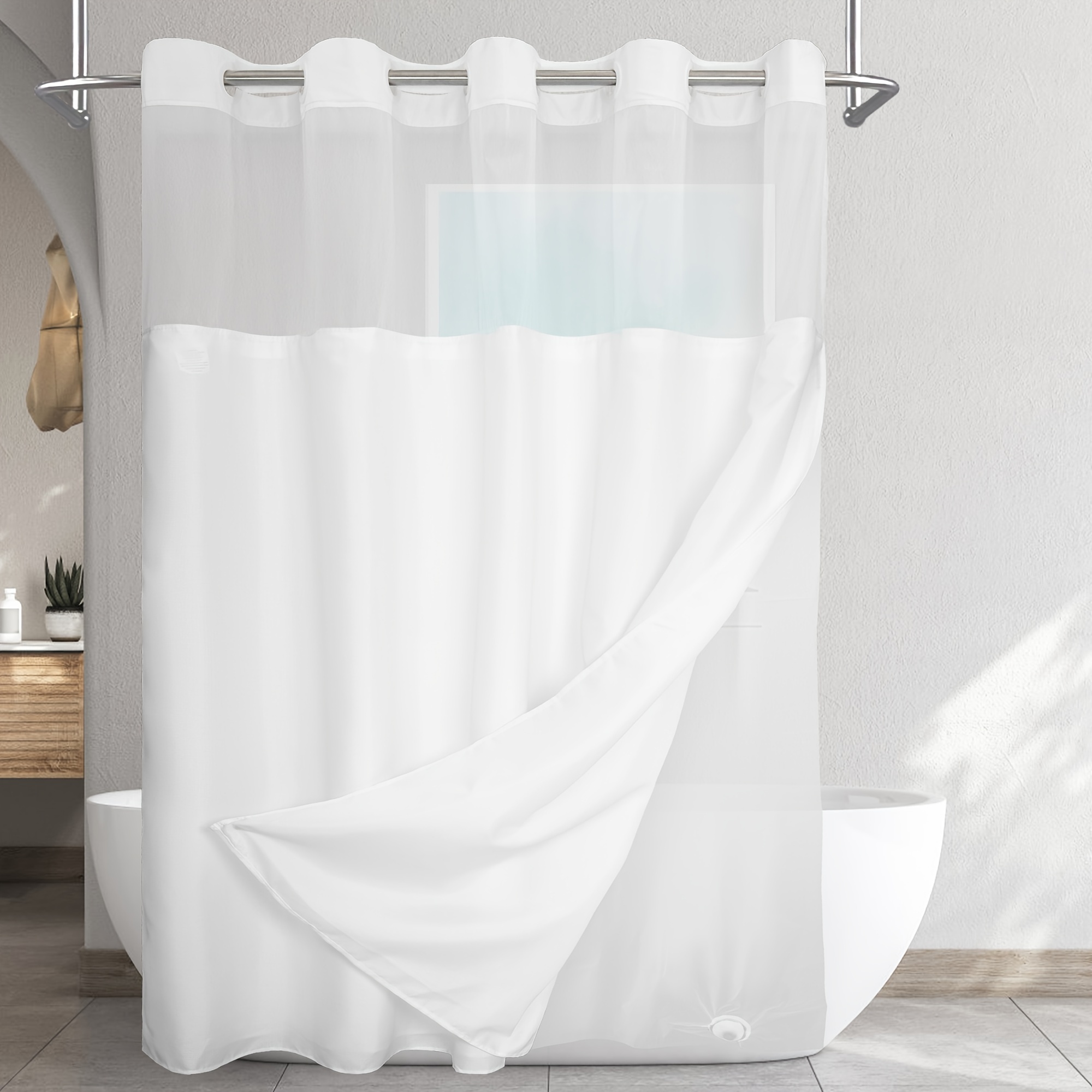 1pc Shower Curtain With Snap-in PEVA Liner, With Window, Waterproof, White,  71x74inch