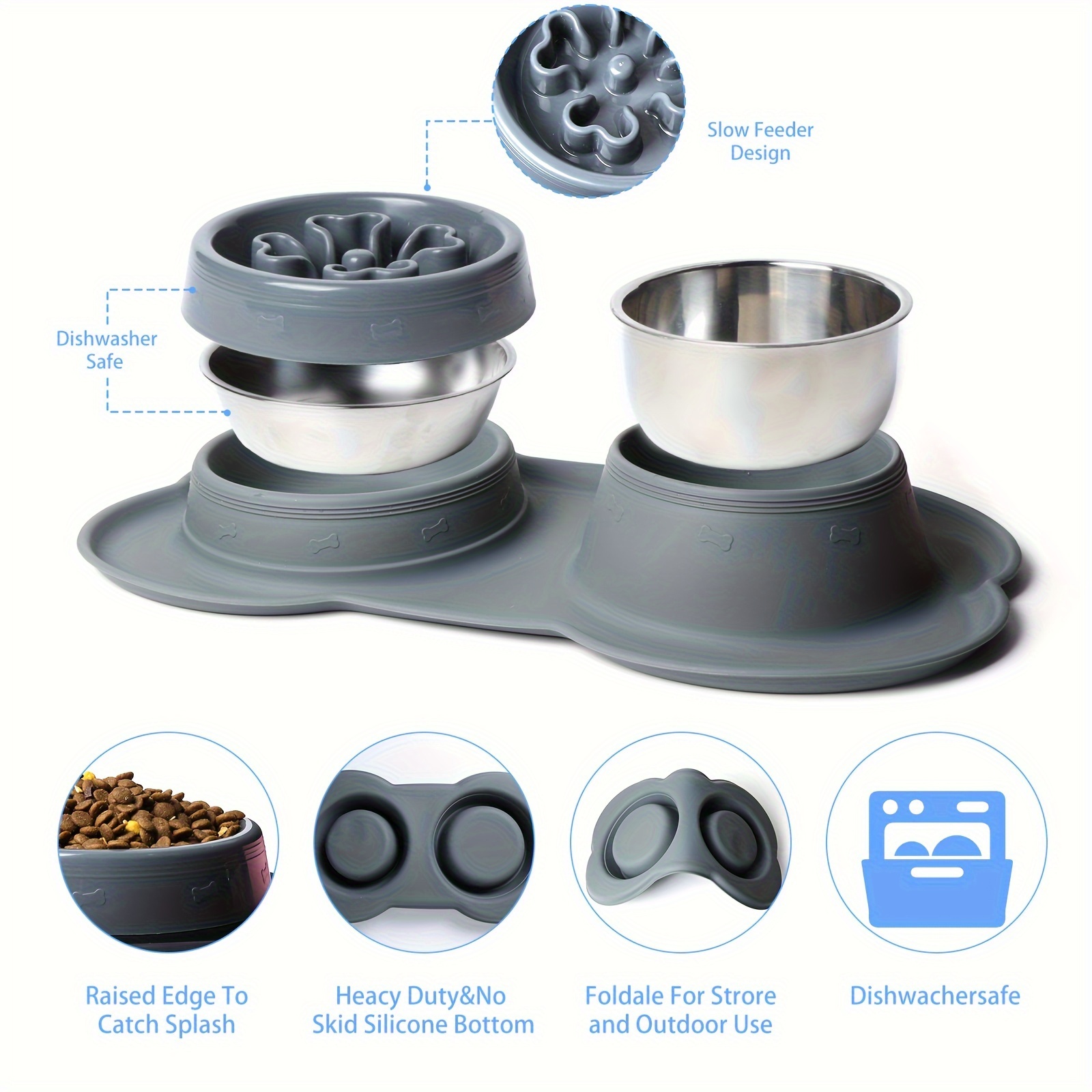 Slow Feeder Dog Double Bowls Stainless Steel 4 in 1 Food - Temu