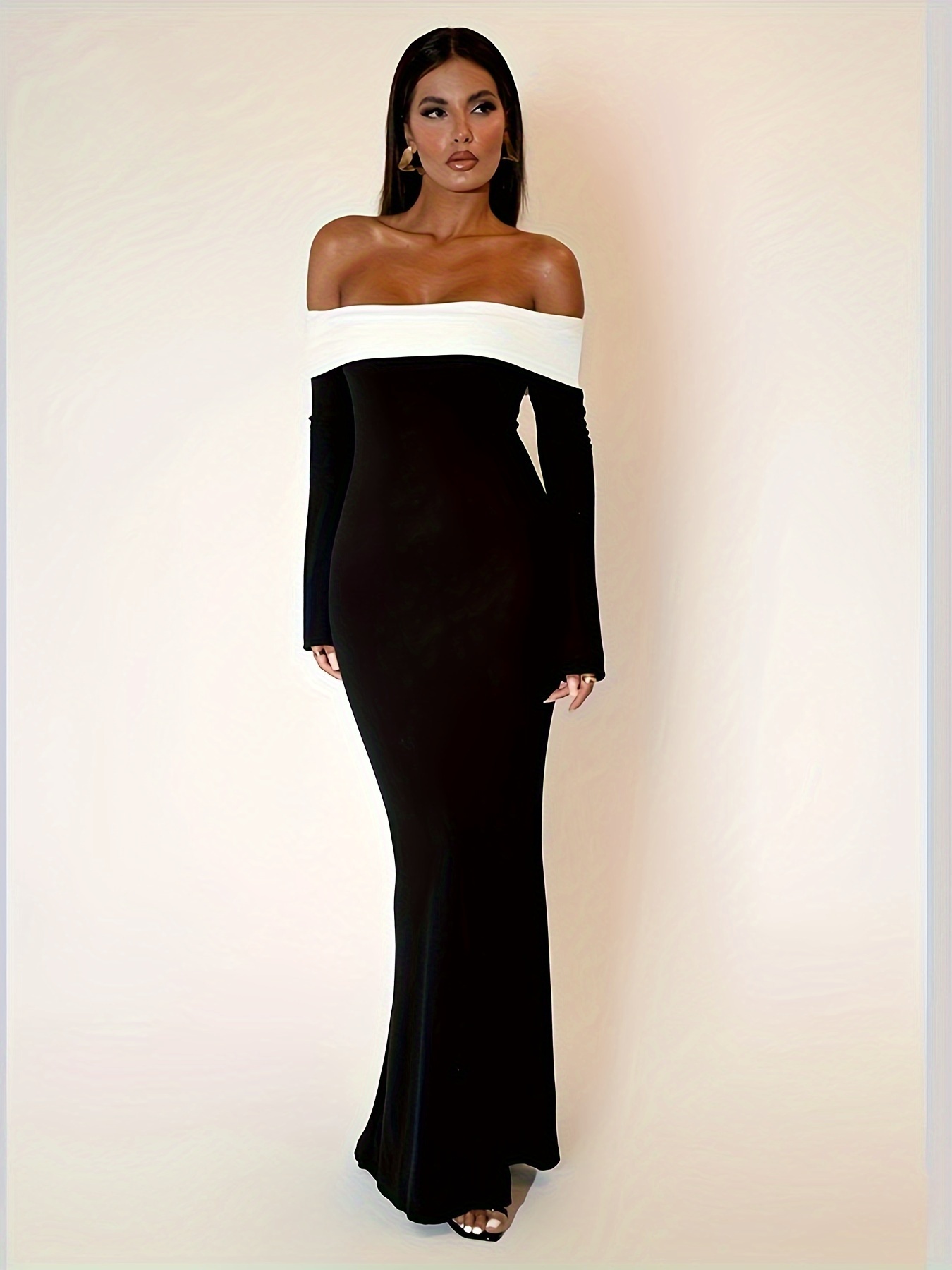 Solid One Shoulder Dress Sexy Long Sleeve Pleated Maxi Party