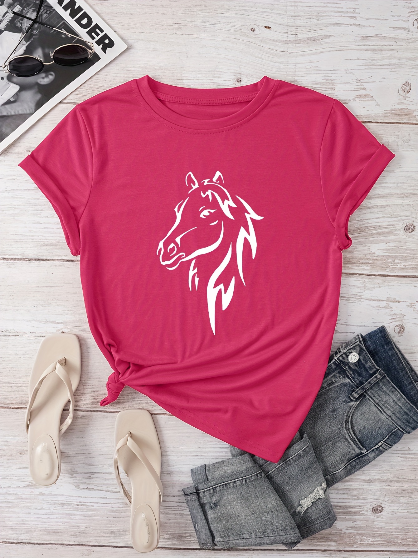 Camiseta Cuello Redondo Estampado Caballo Top Casual Manga - Temu