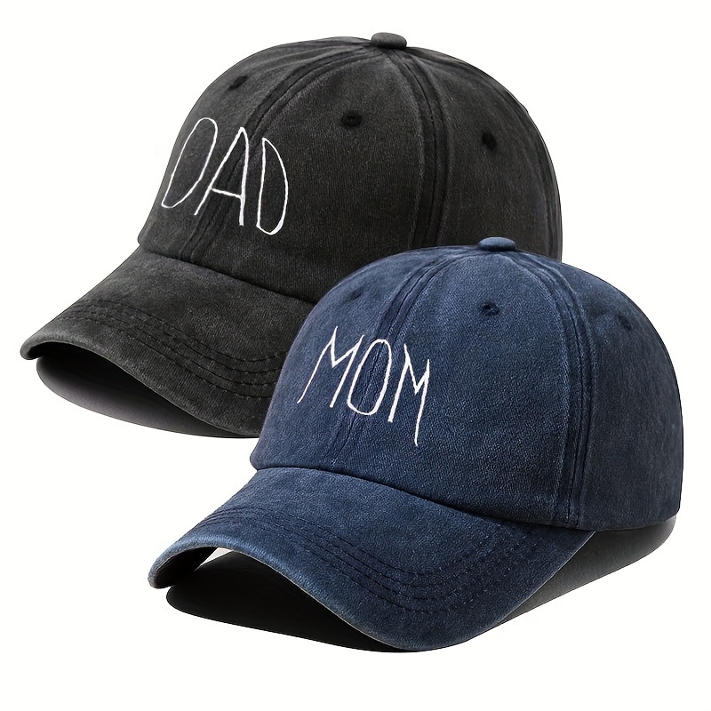 

2pcs Dad & Mom Slogan Baseball Cap Trendy Printed Washed Distressed Solid Color Hats Lightweight Adjustable Dad Hat For Women Men Valentine's Day Gift