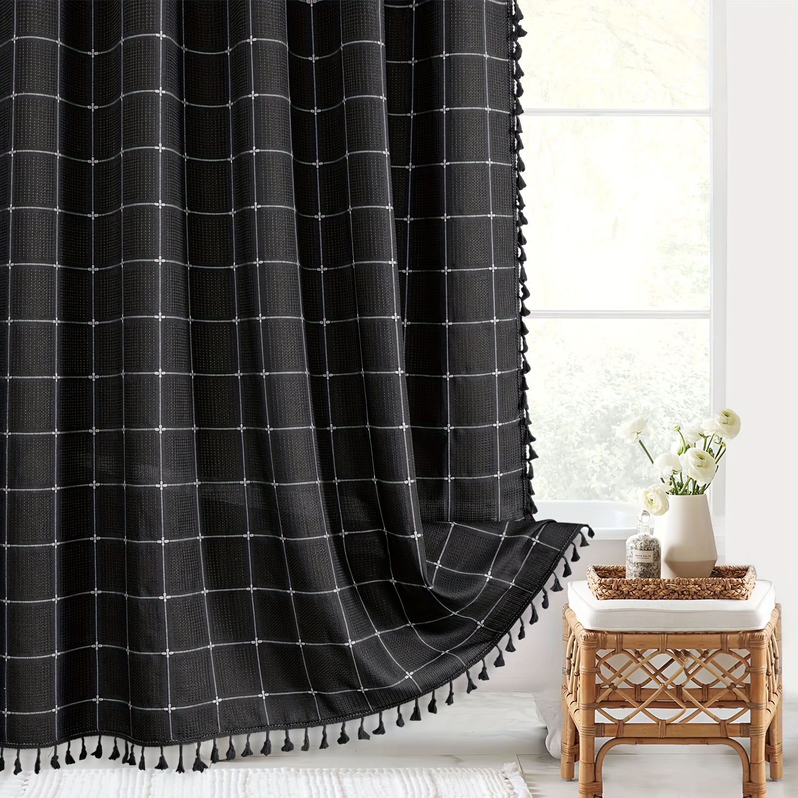 Farmhouse Shower Curtain Set with 12 Hooks Boho Shower Curtain with Button Bathroom  Decor Black Buffalo Plaid Pattern with Fabric Ruffles Waterproof with  Washable Durable 72x72