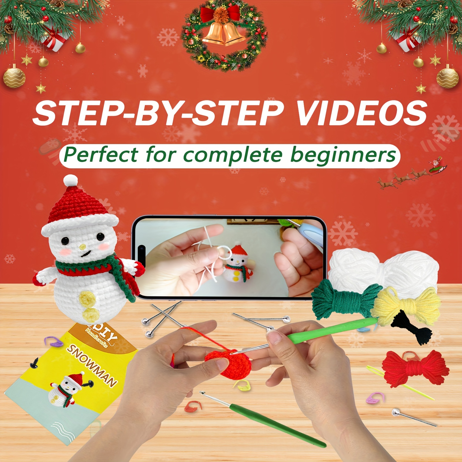 Christmas Santa Claus, Gingerbread Man, Bunny Crochet Kit for Beginners, for Adults with Step-by-Step Video Tutorials, Create Your Own Festive