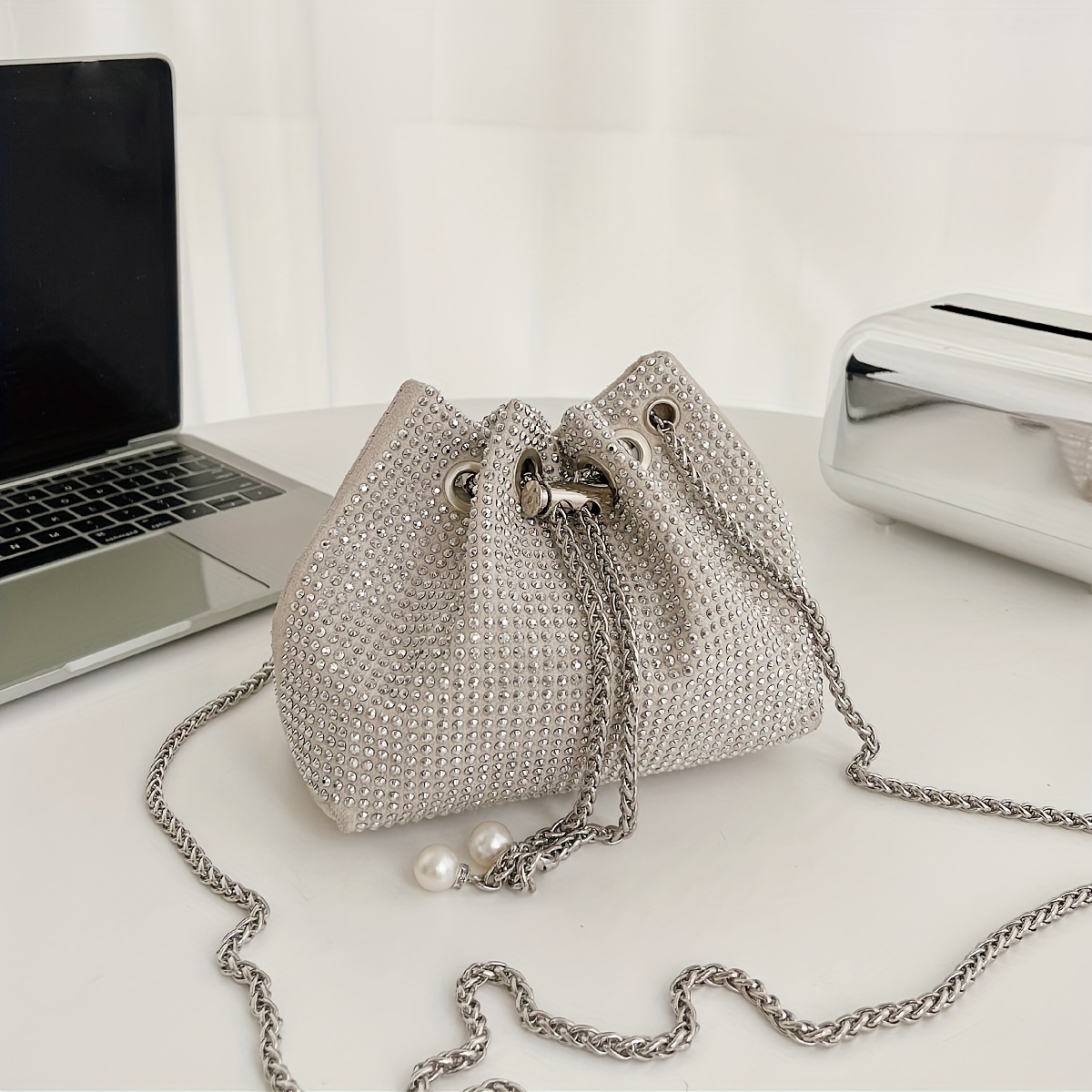 Elegant Drawstring Bucket Bag Womens Trendy Faux Leather Chain Shoulder Bag, Free Shipping For New Users