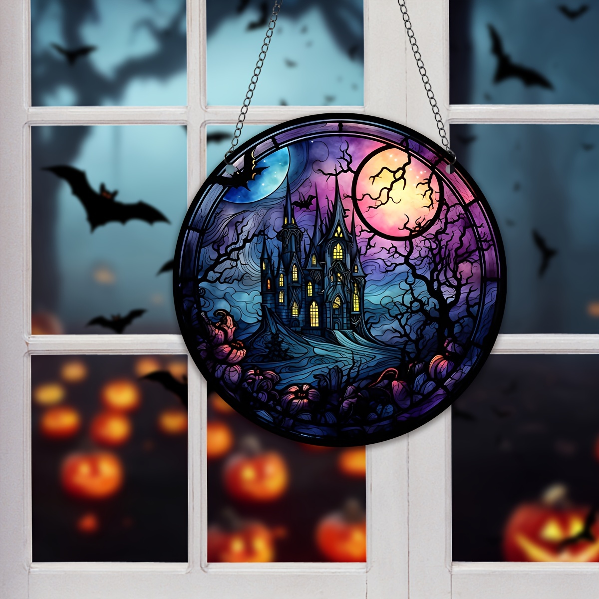 1pc halloween moon castles stained suncatcher halloween window hanging fall decor home decor party gifts for halloween wreath sign details 1