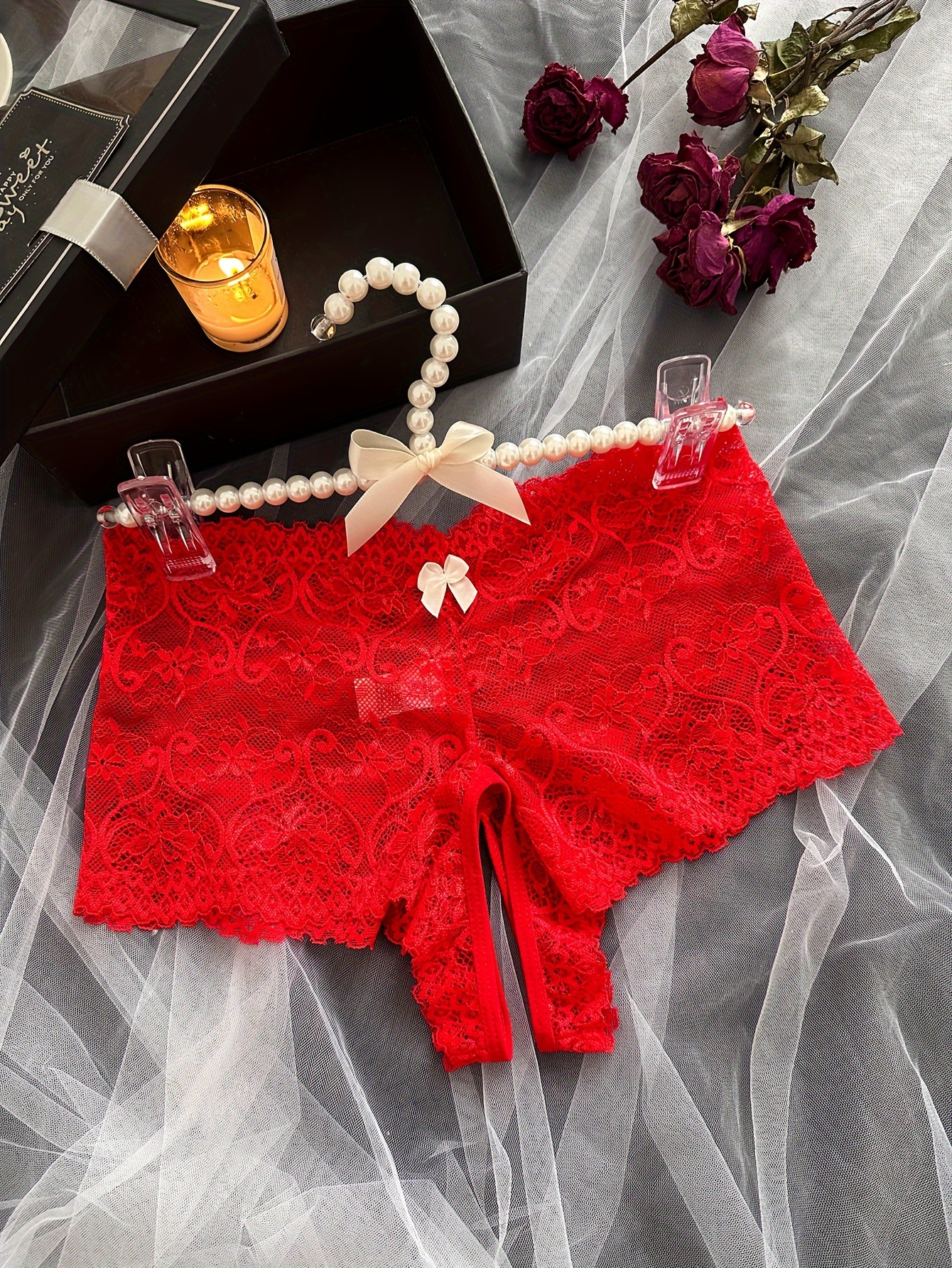 Floral Lace Thongs Hollow Open Crotch Bow Panties Women's - Temu