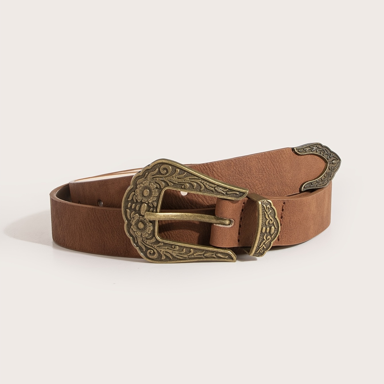 Women-Leather-Belts Vintage Western-Belt with Carved Buckle Waist