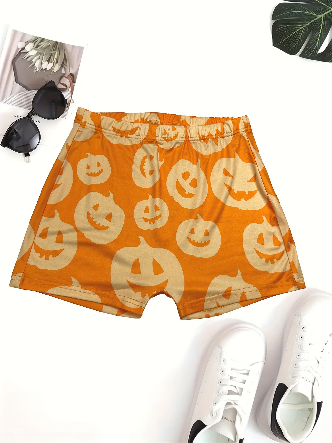 Halloween Pumpkin Print Skinny Shorts, Casual Elastic Waist Shorts, Women's  Clothing