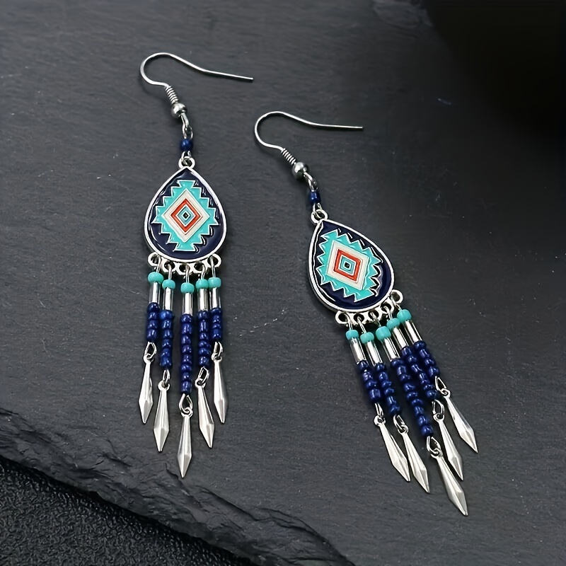 european and american alloy earrings bohemian oval hand woven rice beads tassel earrings 0