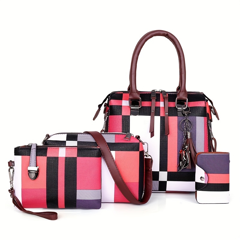 4Pcs Stripes Pattern Handbag Set, Fashion Colorblock Shoulder Bag With Crossbody Bag & Clutch Purse & Card Holder