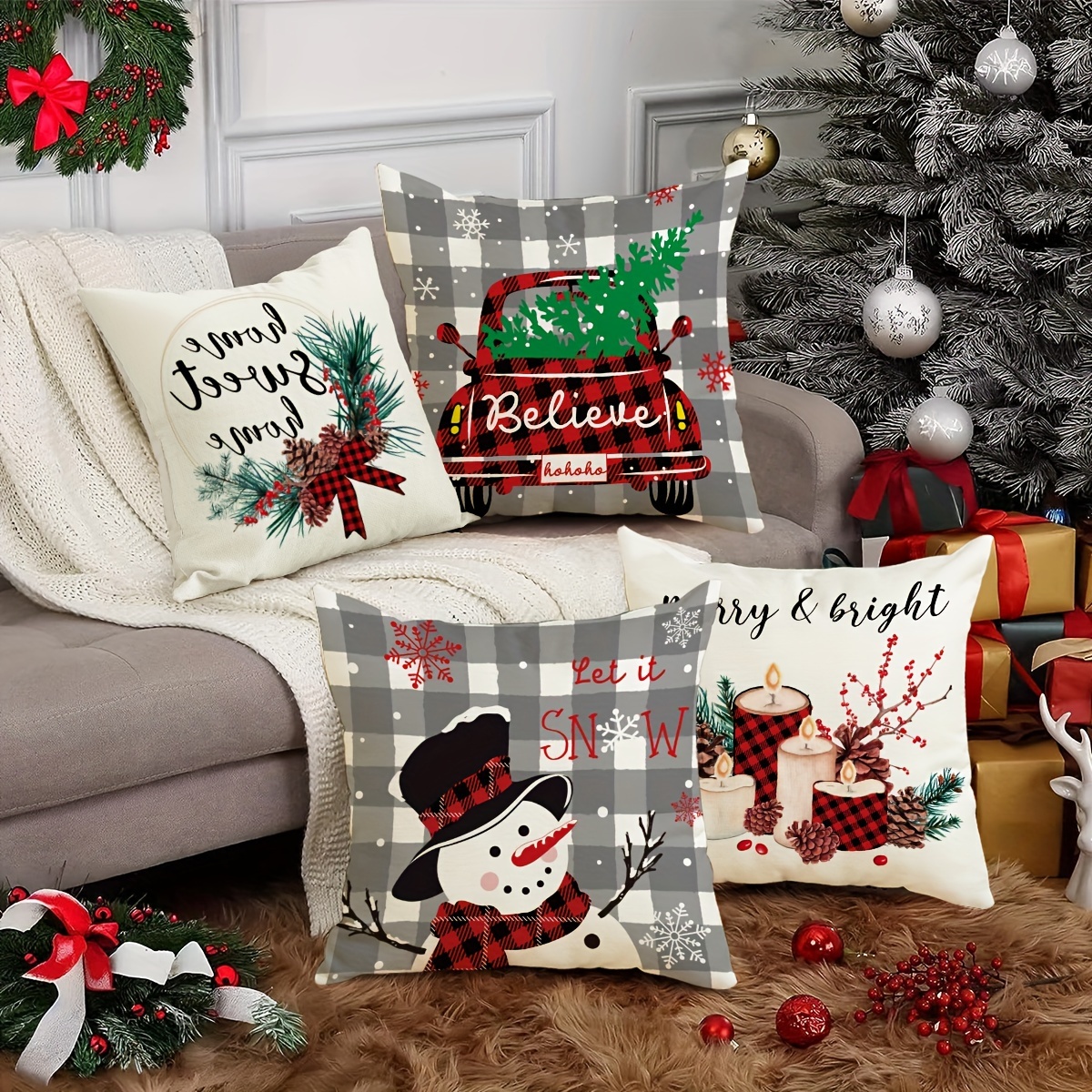 Christmas Christmas Snowman Color Lights Christmas Tree Santa Claus  Pillowcase Home Sofa Cushion Cover Linen Blend Car Cushion Cover Throw  Pillow Home Pillow Insert Not Included - Temu