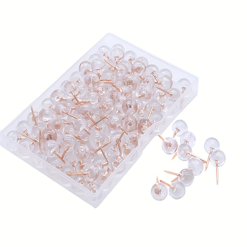 100 Count Rose Gold Wall Push Pins - Clear Plastic Head Thumbtacks