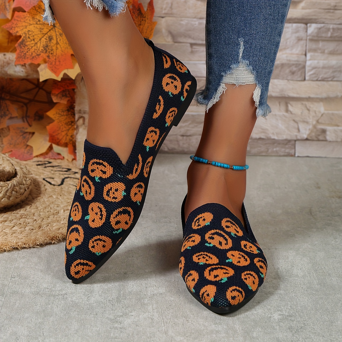 Women's Pumpkin Print Flat Mules, Elegant Point Toe Dress Shoes,  Lightweight Slip On Halloween Shoes - Temu