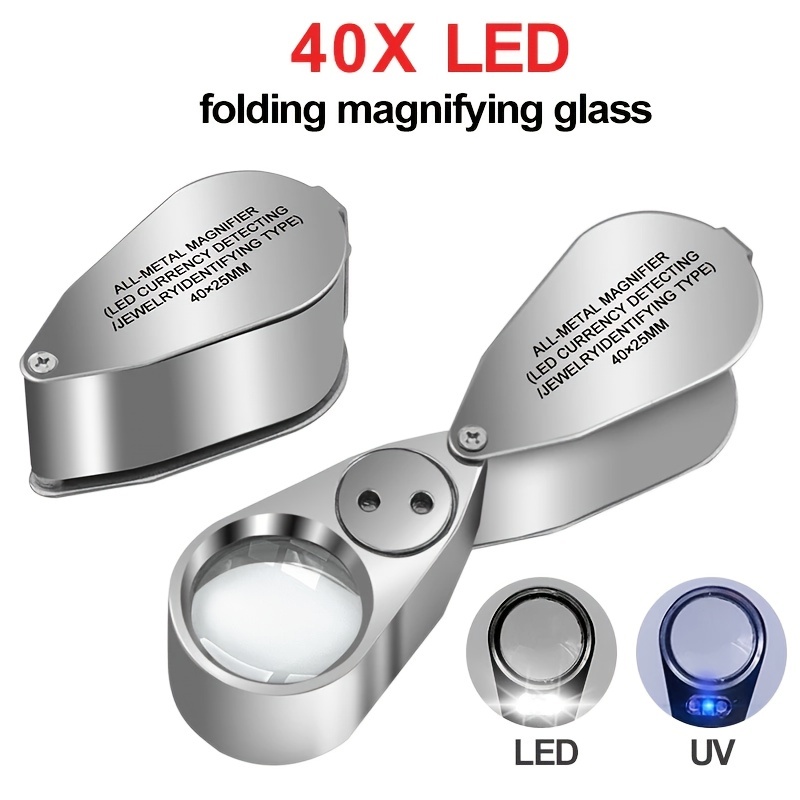 40x Metal Illuminated Jewelers Loop Magnifier Glass, Loupe Magnifier with Light and Pocket Folding, Handheld Jewelers Eye Loop for Jewelry