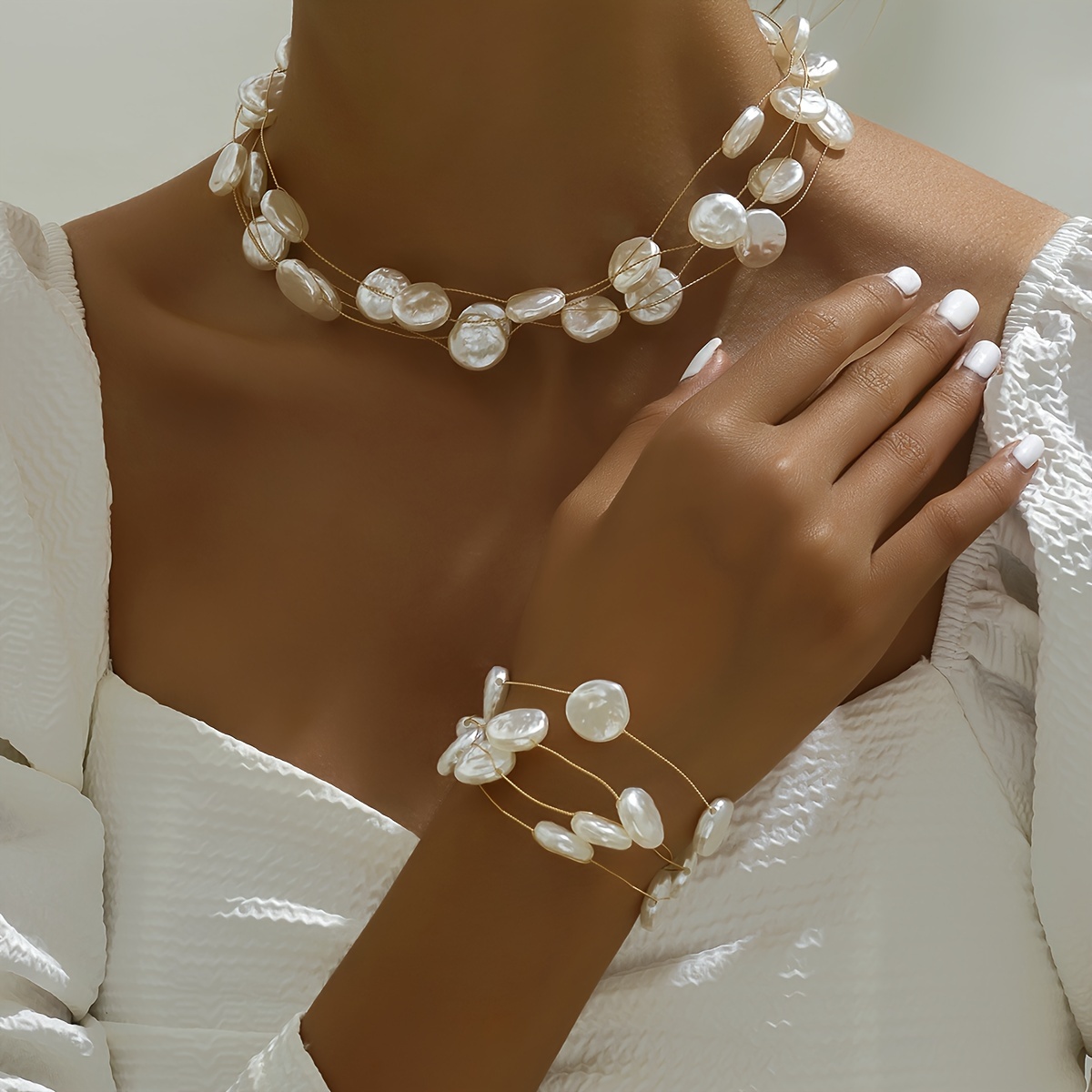 

Collier + Bracelet Ensemble De Bijoux Élégant Plaqué Or 18 Carats Incrusté De Perles D'eau Douce Assorties Aux Tenues Quotidiennes Accessoires De Fête Cadeau Pour Elle