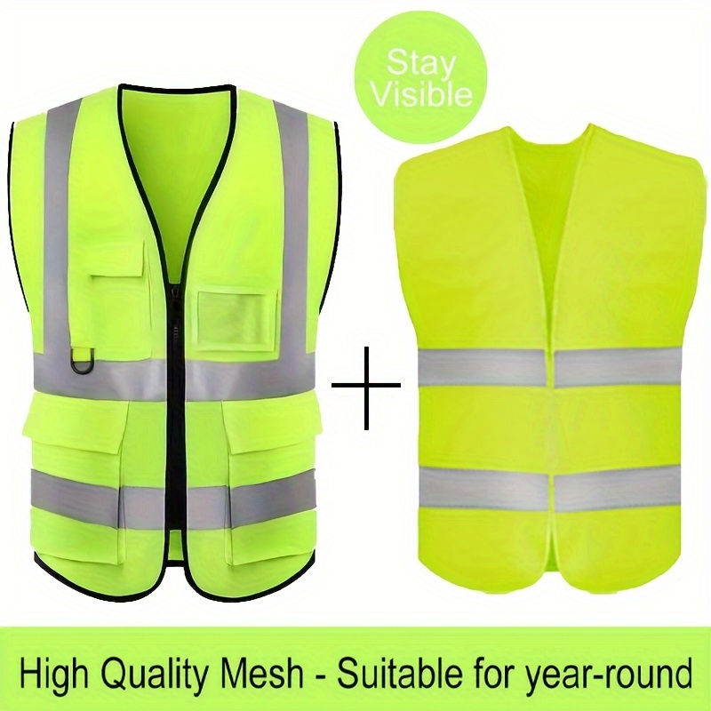 2PCS Reflective Safety Vest With Pockets And Zippers, High Visibility  Engineering Vest For Men And Women, Breathable Neon Work Vest For Night  Cycling