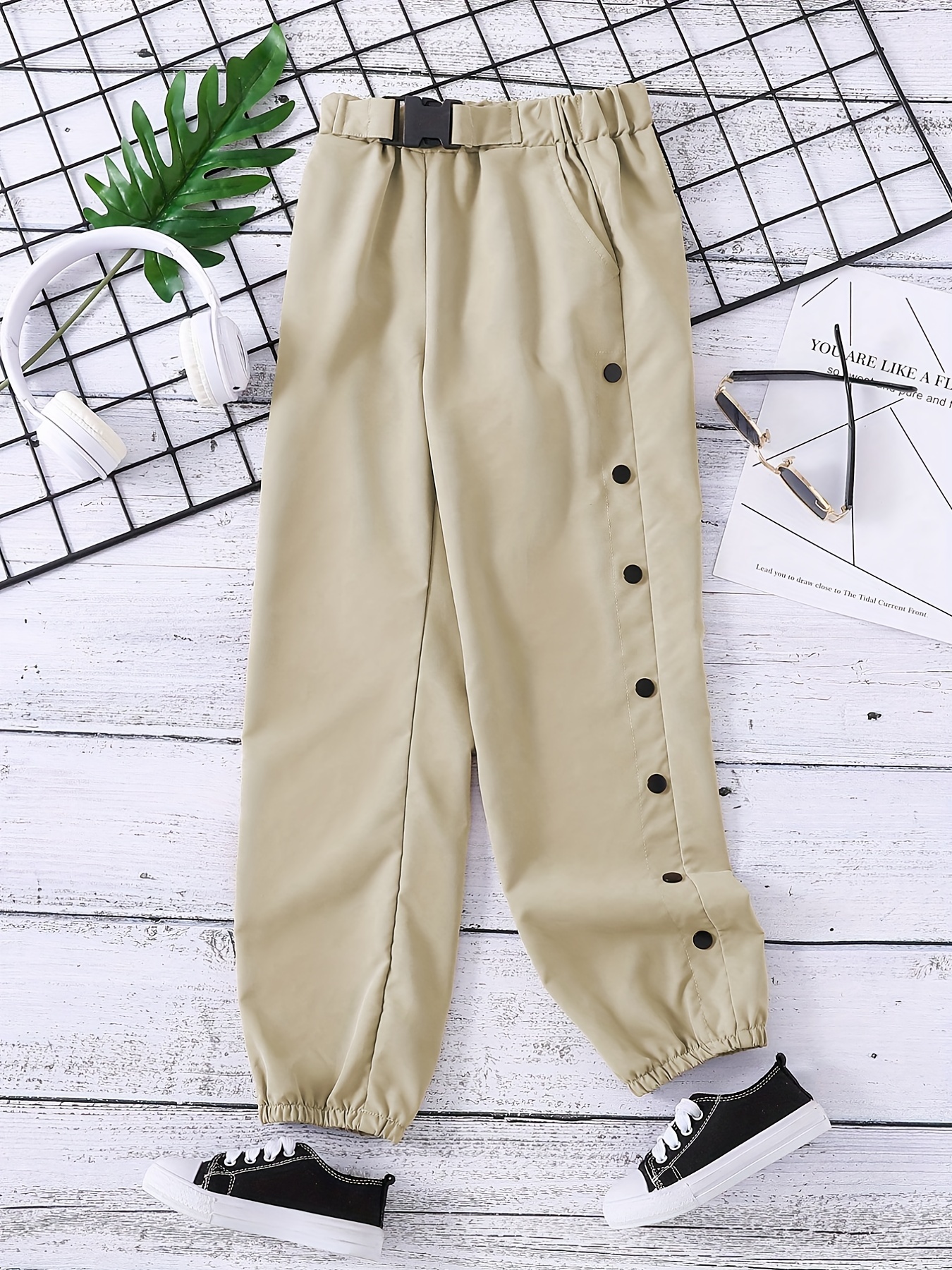 Girls Fashionable Chain Side Cargo Pants Pocket Solid Jogger - Temu