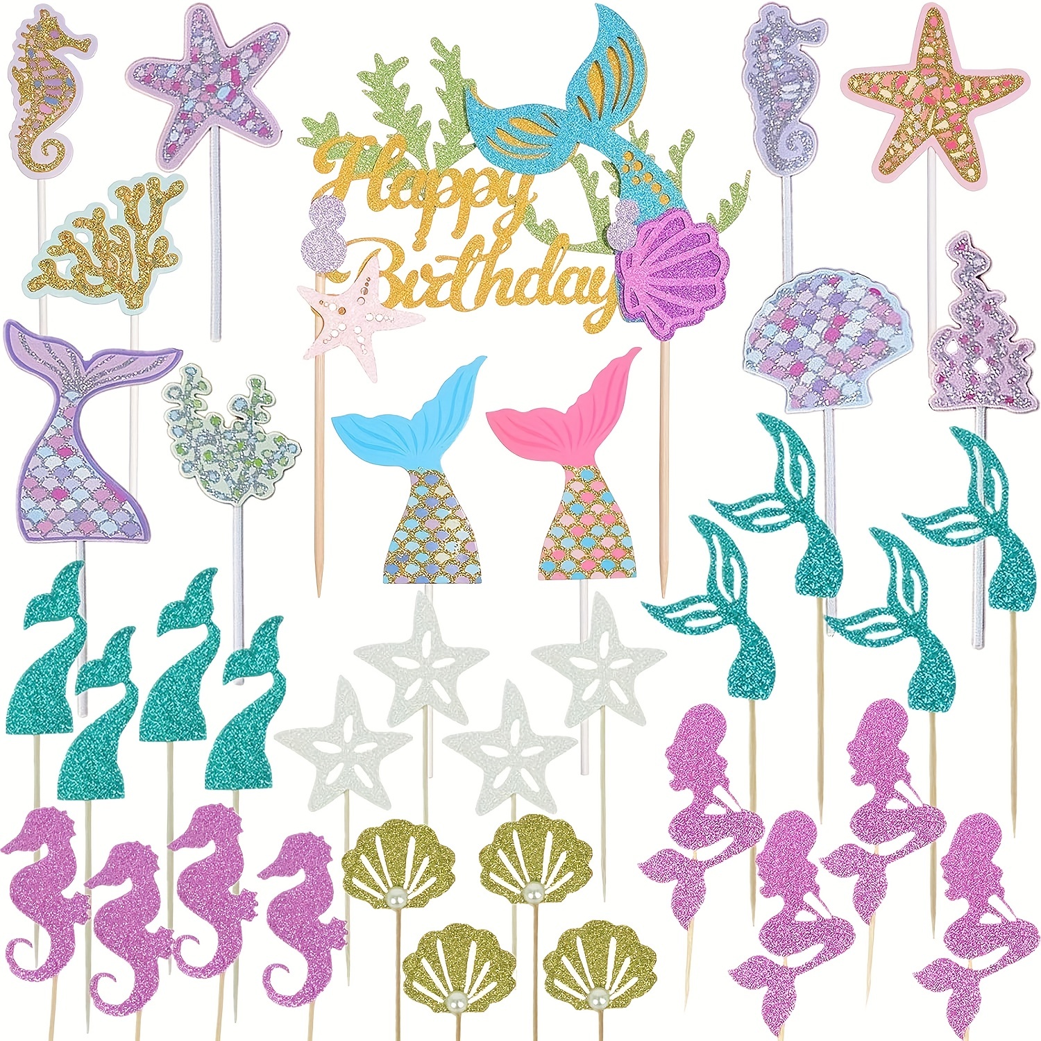 

36pcs Glitter Mermaid Theme Birthday Cake Topper Under The Sea Party Supplies, Cake Decoration Cupcake Toppers, Mermaid Cupcake Toppers For Girl Birthday Party Cake Decorations, Birthday Cake Toppers