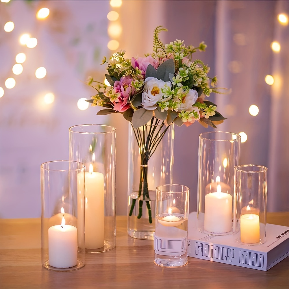 Portavelas de cristal para velas de pilar, juego de 3 portavelas de té,  alto y transparente para centro de mesa, soporte de velas flotante para