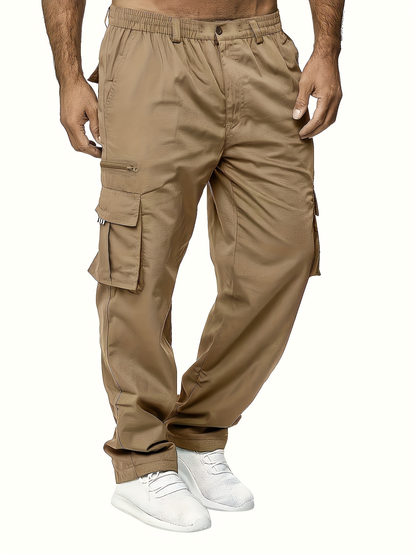 Mens Flap Pocket Cargo Pants Casual Relaxed Fit Mid-Waist Solid  Multi-Pocket Straight Leg Loose Pant