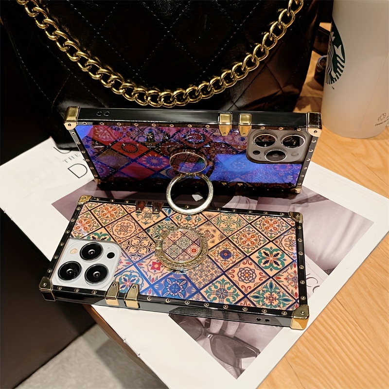 Luxury Glitter Vintage Flower Cover Square Phone Case For Iphone 15 14 13  12 11 Pro Max Plus With Holder & Lanyard - Temu Lithuania