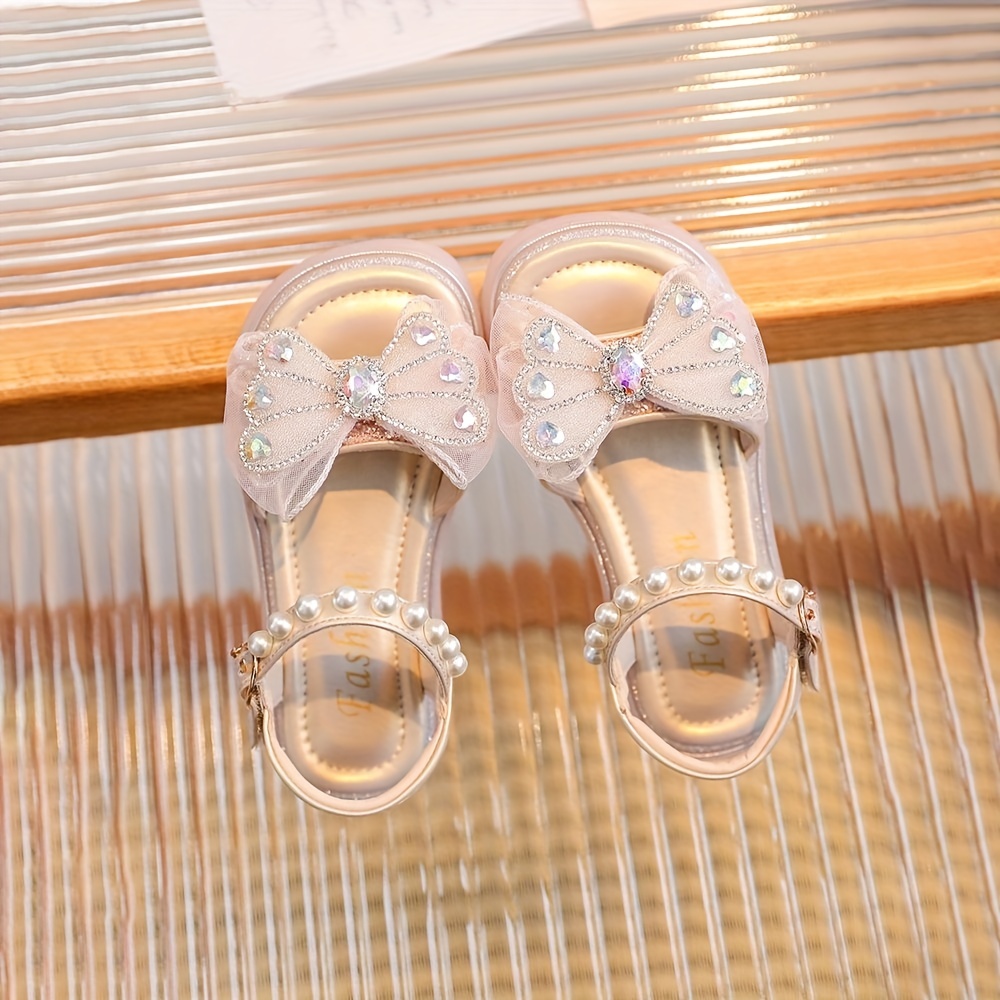 Trendy Cute Bowknot Pearl Sandals For Baby Girls, Breathable Soft Open Toe Sandals With Hook And Loop Fastener For Beach Party Performance