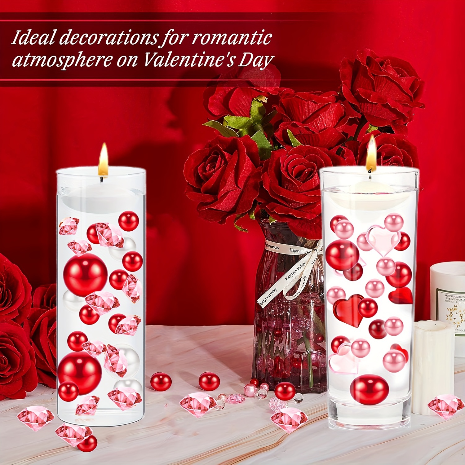 Chiccall Valentine's Day Decor 6076Pcs Vase Filler Heart Pearl Water Gel  Bead Floating Candles Centerpiece For Valentine's Day Wedding Decor 