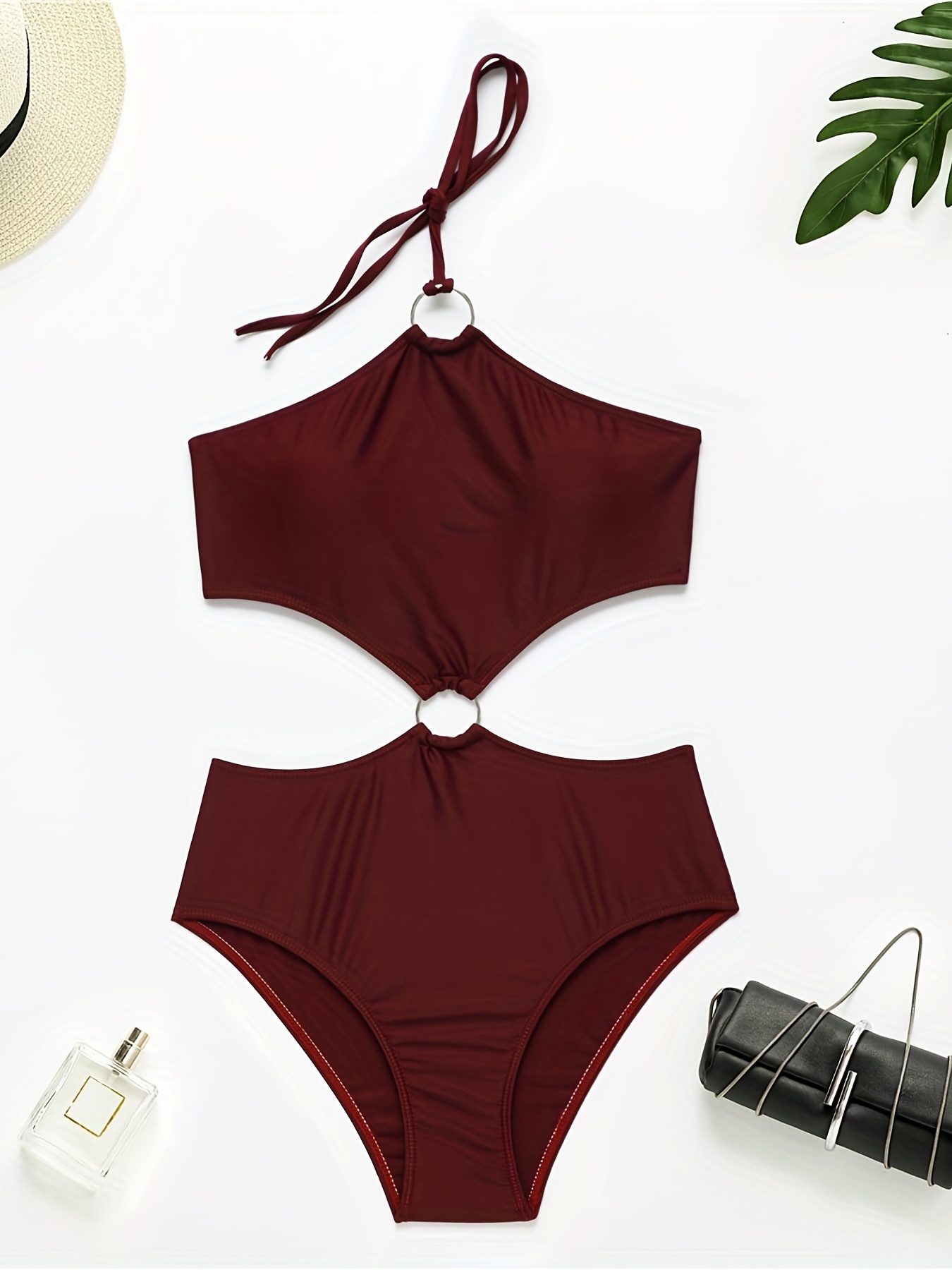 Ringlinked One Piece Swimsuit, Solid Color Cut Out Halter Neck High