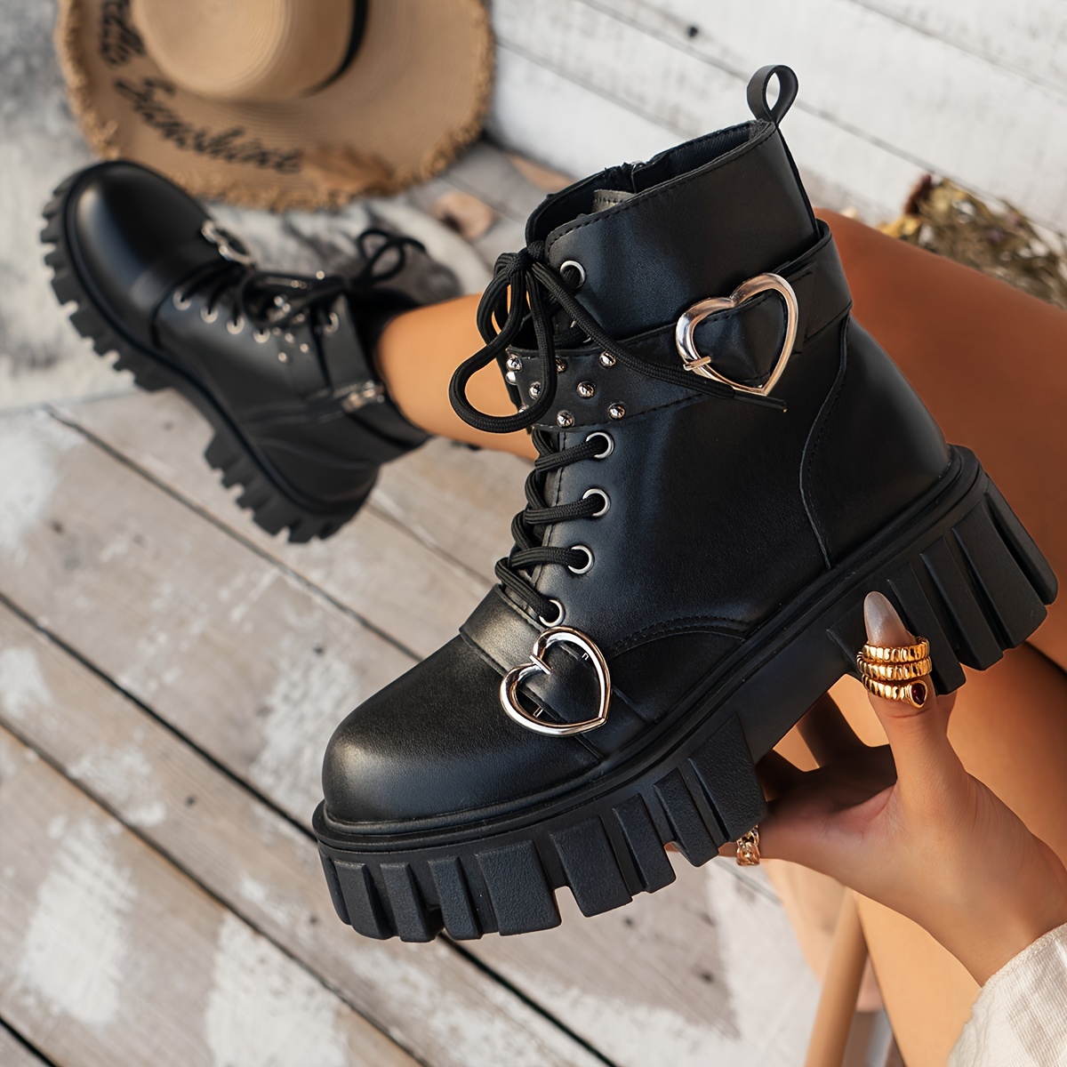 Women's Platform Gothic Ankle Boots, Heart Buckle Strap Lace Up