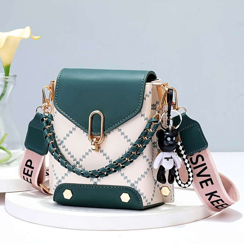 

Rhombus Embroidery Mobile Phone Bag, Women Mini Rivet Crossbody Bag, Fashion Chain Handbag & Purse
