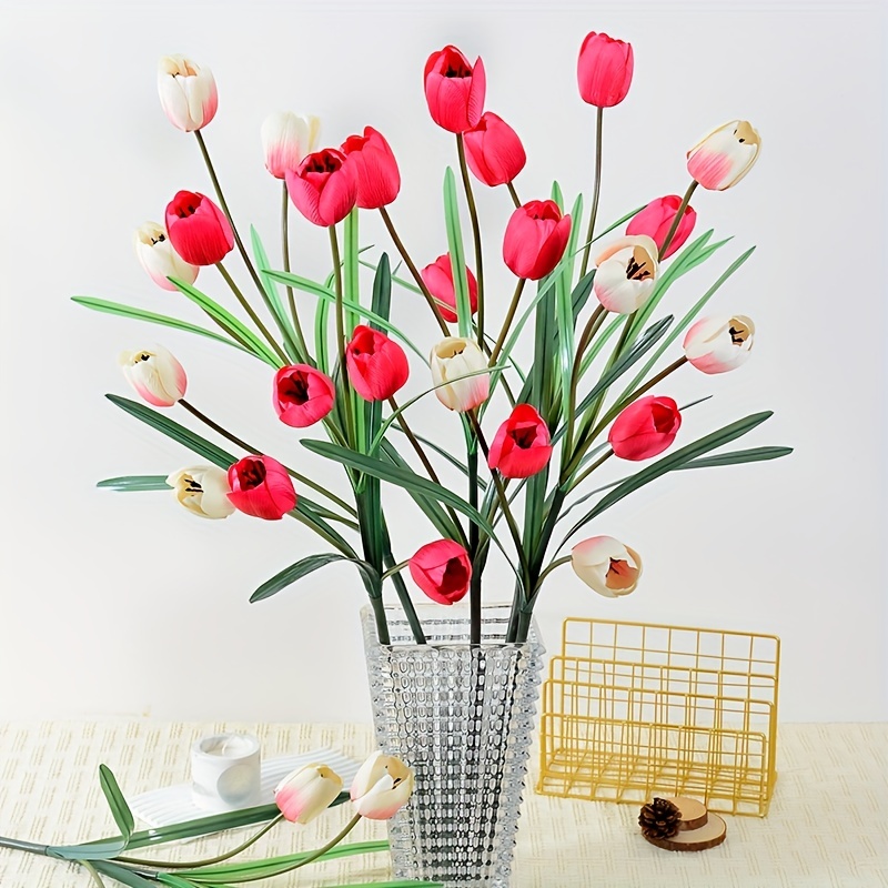 24 piezas de tulipanes artificiales multicolores, ramo de tulipanes falsos  de poliuretano sintético de tacto real para el hogar, habitación, oficina
