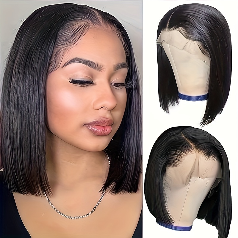 

Bob Wigs Human Hair For Women 13*4 Human Hair Pre Plucked Hairine, Natural Black 180 Density Bob Lace Frontal Wigs 10 Inch