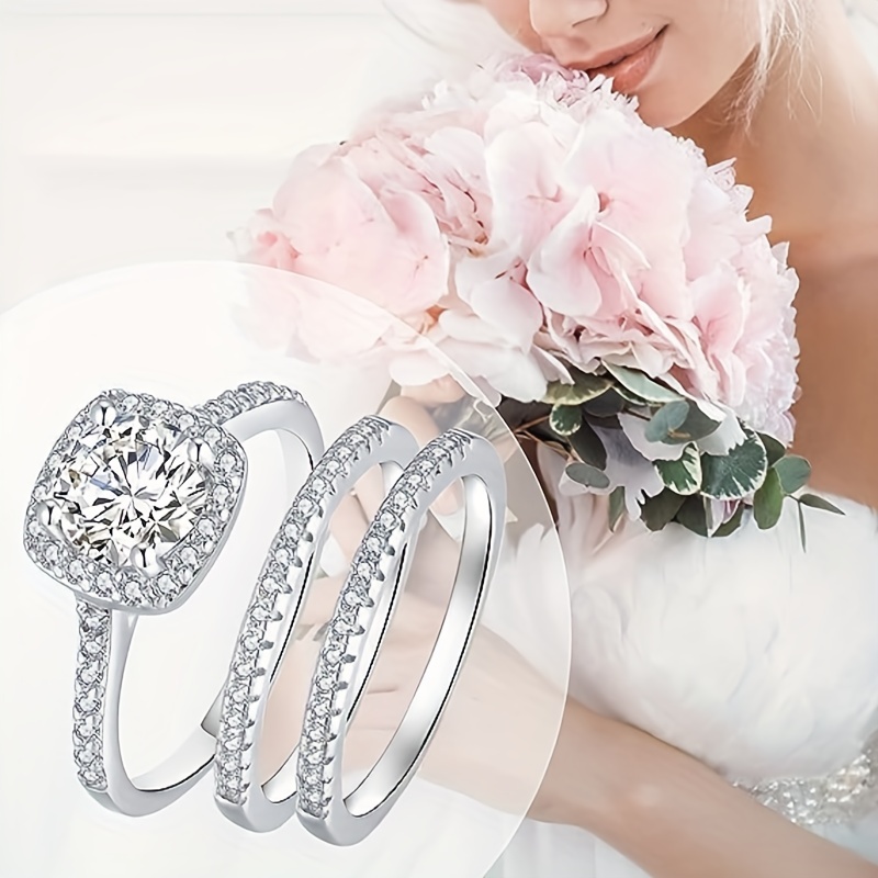 Luxury 925 Sterling Silver 4pcs Princess-cut Diamond Wedding Rings