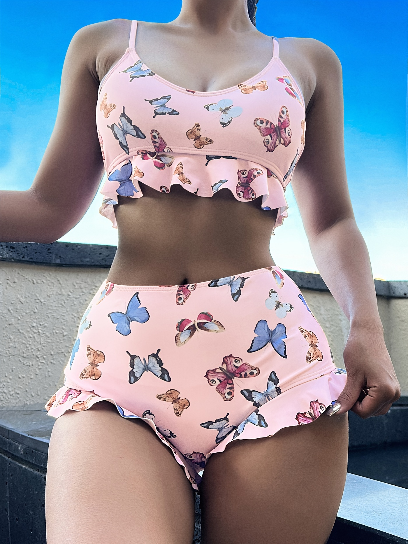 Blue Butterfly Prints Swimsuits - Sporty Bathing Suits