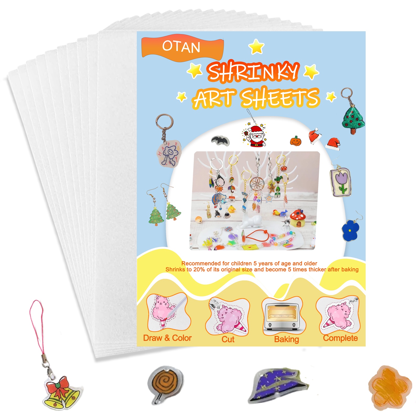TUPARKA 81 Pcs Shrink Plastic Sheet Kit，Includes 20 Blank Heat Shrink Art  Paper Sheets，Hole Punch,30 Keychains,20 Ear Hooks and 10 Brooches，Shrink