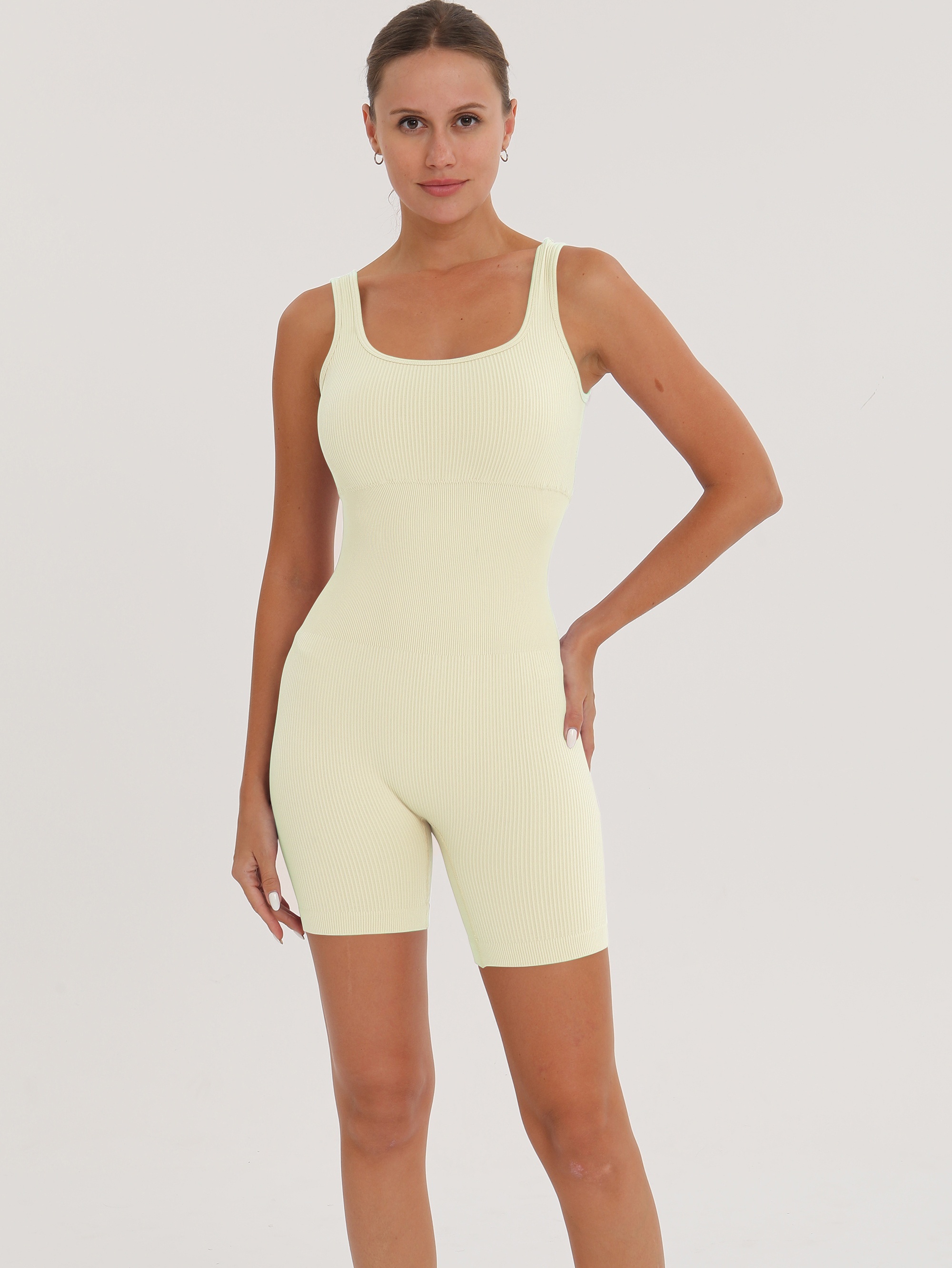 Women's Yoga Rompers Workout Ribbed Long Sleeve Square Neck Sports
