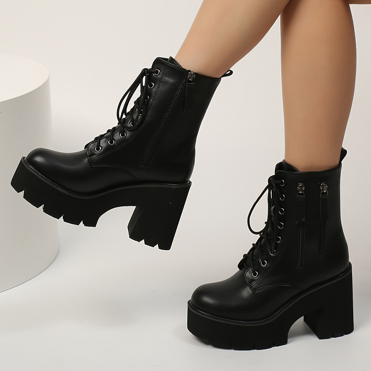 Women's Platform Ankle Boots Round Toe Lace Side Zipper - Temu Canada