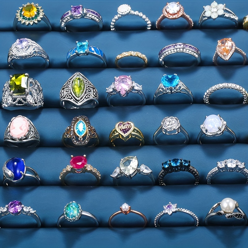 30pc Zircon Faux Pearl Geometric Ring Set, Assorted Styles