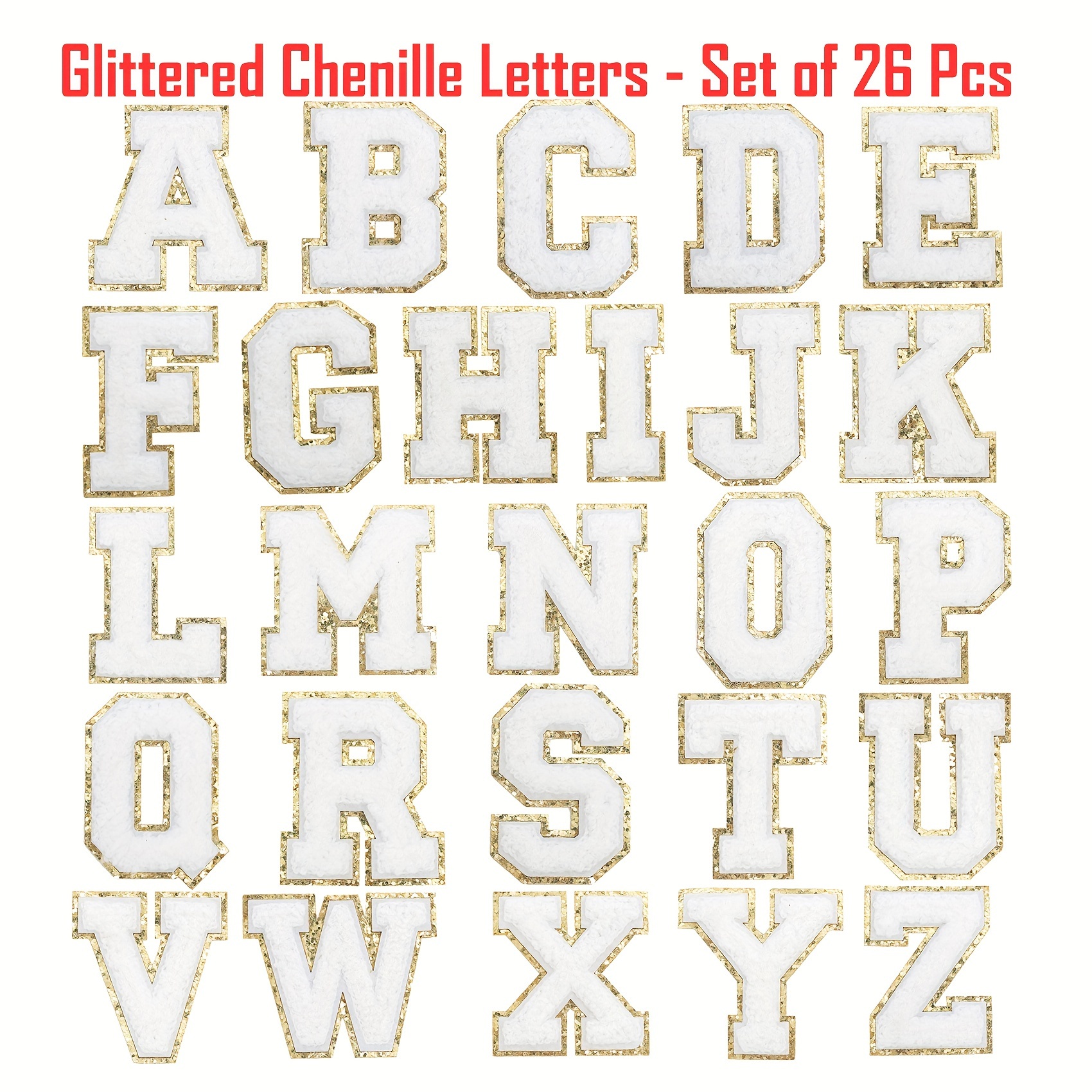 Lavender Iron On Varsity Letter Patches - Sets of 3 Letters - Large 8 cm  Chenille with Gold GlitterL