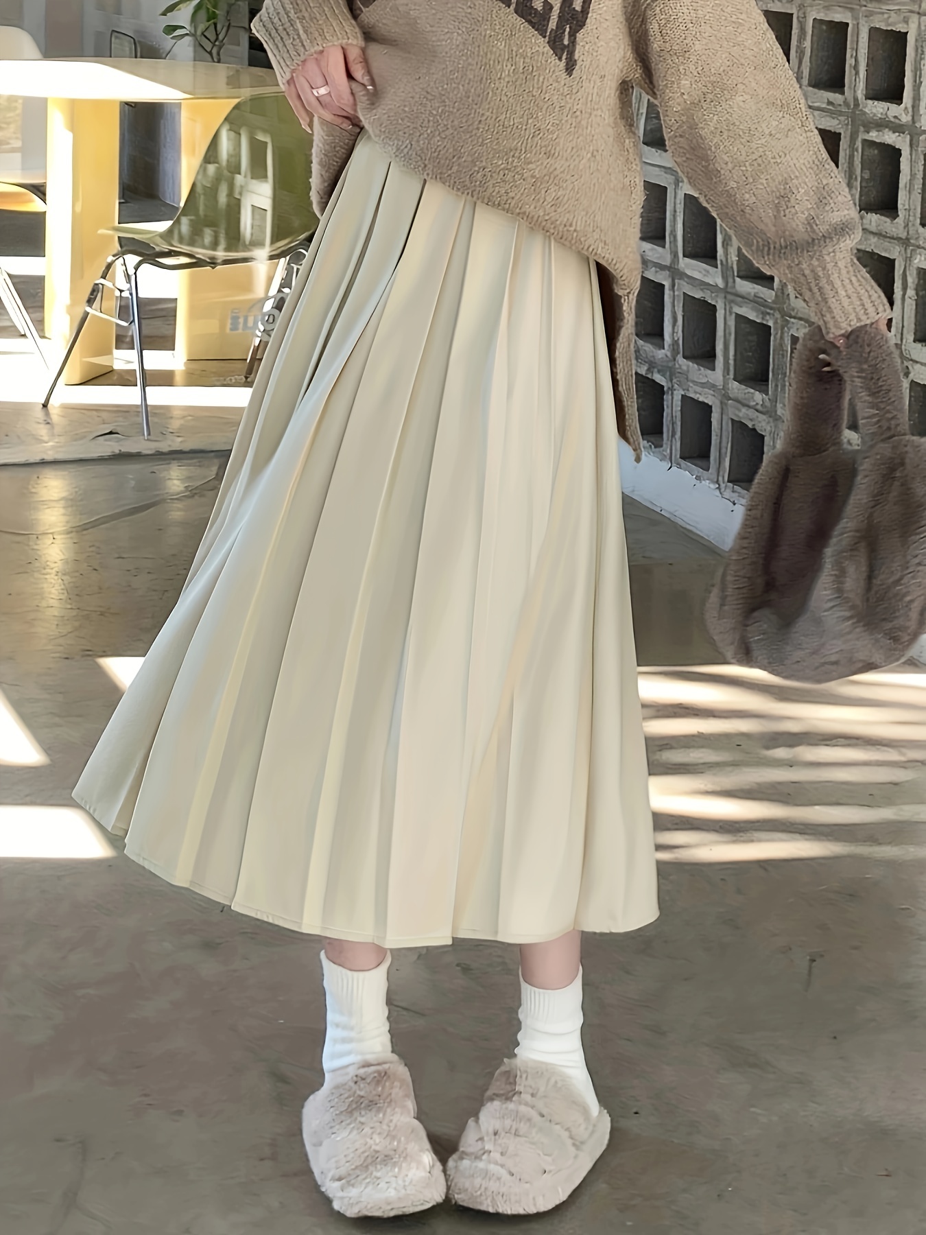 Elegante falda plisada midi sólida para mujer, falda larga de cintura alta  para mujer, falda larga de cintura alta para mujer (color albaricoque