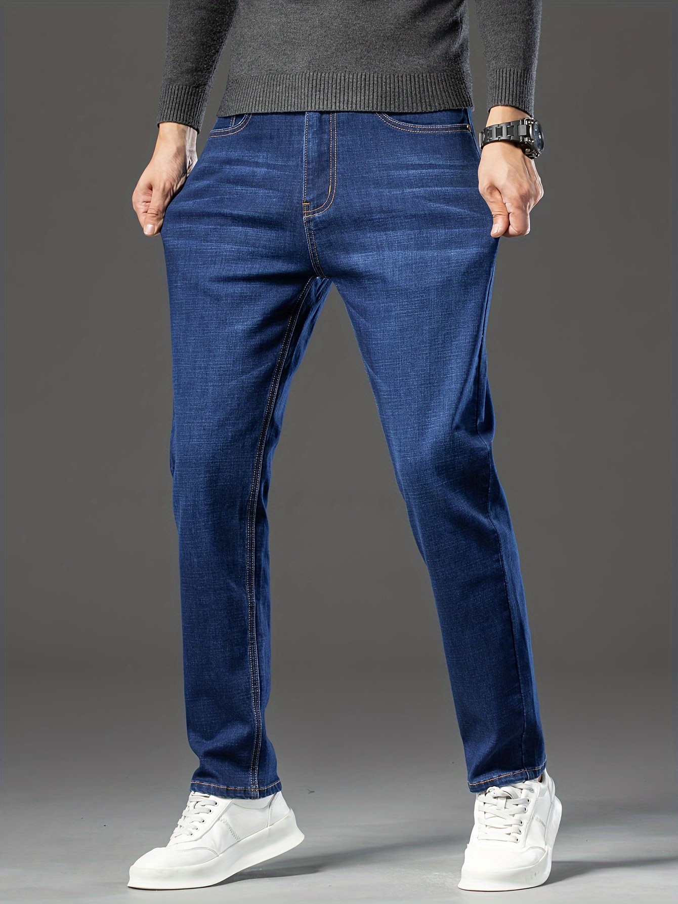 Men's Stylish Comfy Solid Fleece Denim Trousers Pockets - Temu