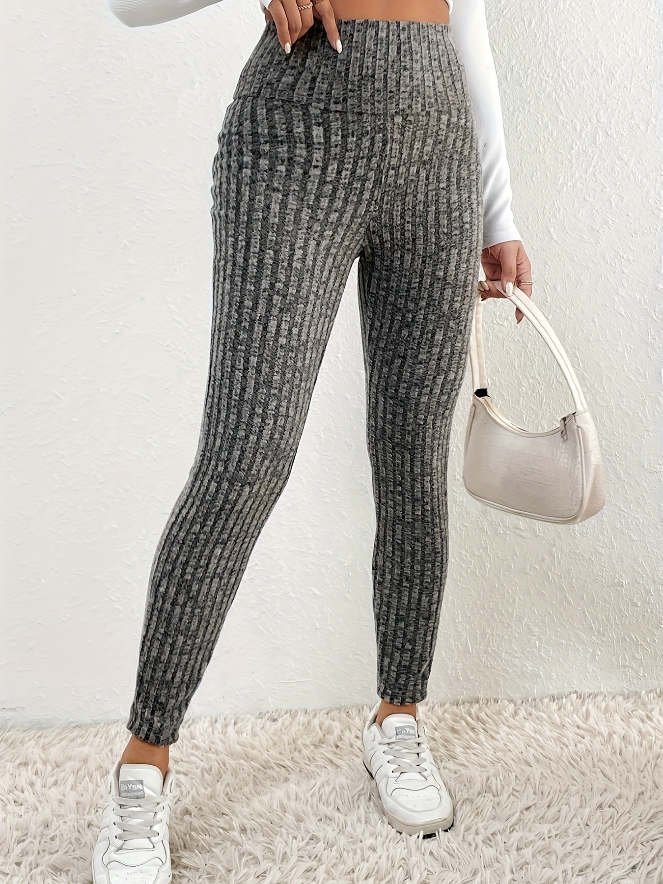 Solid Textured High Waist Skinny Leggings Casual Every Day - Temu Canada