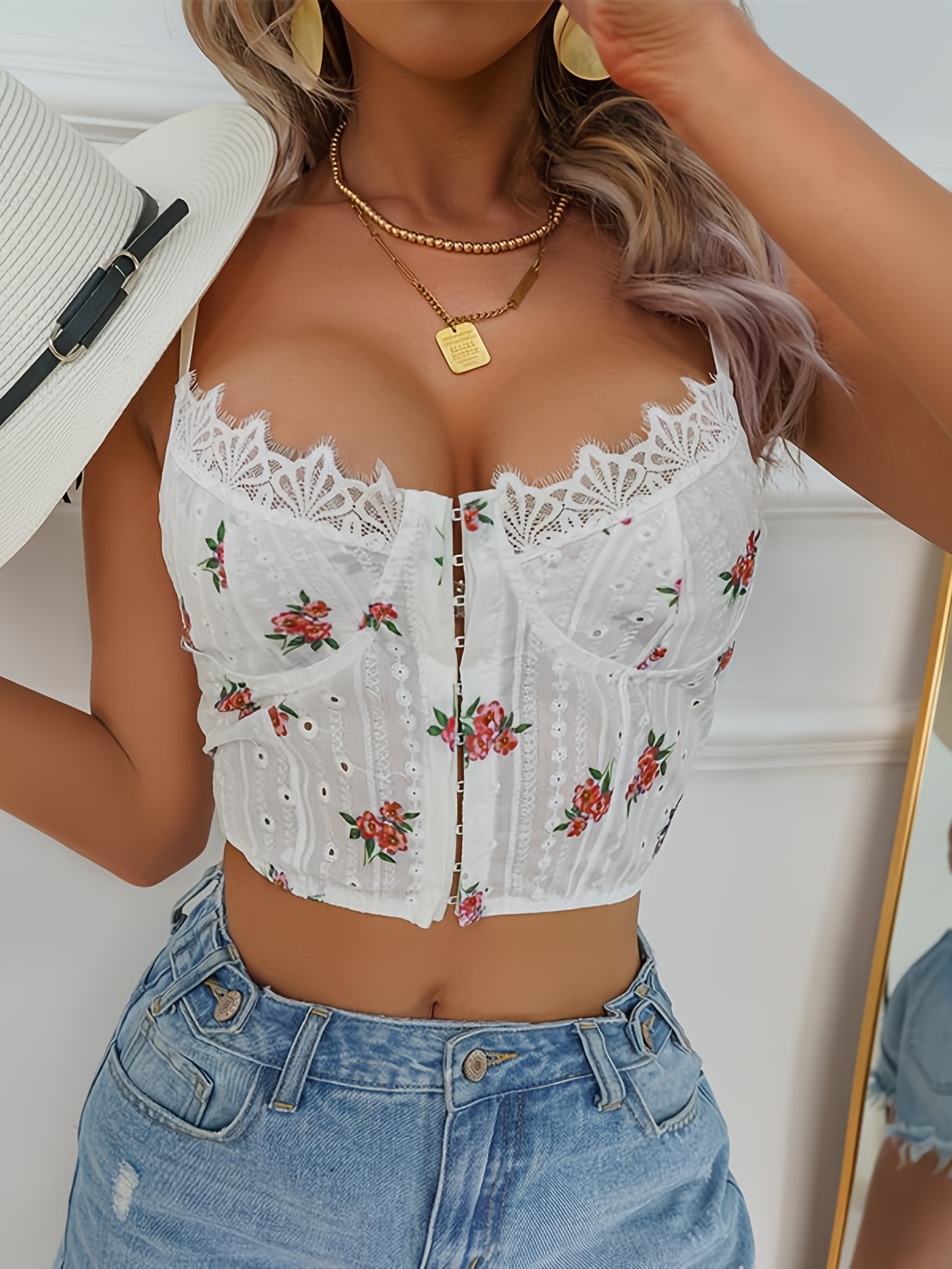 Floral Lace Mesh Cami Crop Top Retro Style See Through Hook - Temu