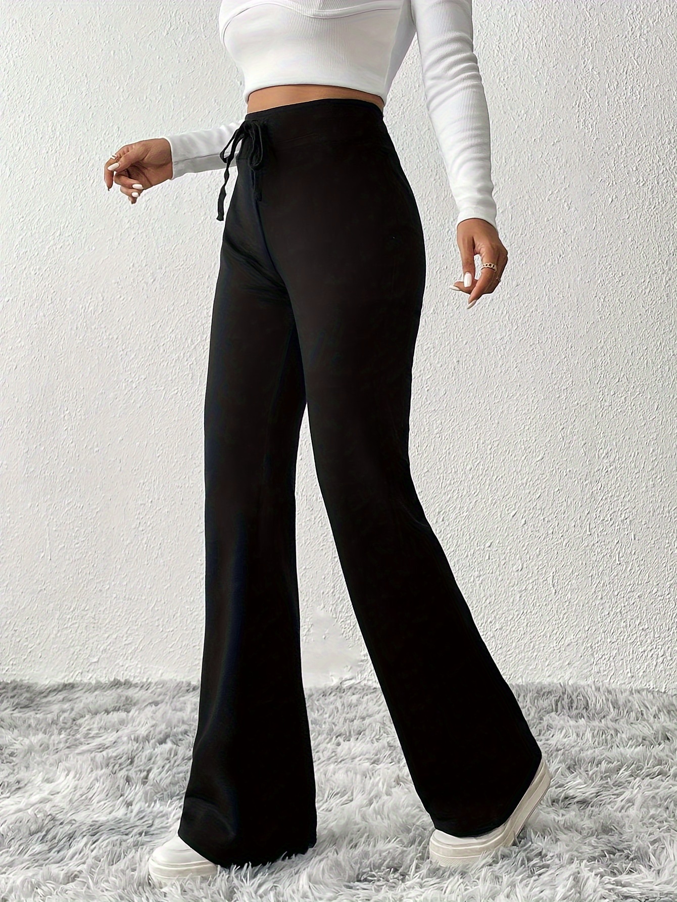 SHEIN Teen Girls' Knitted Solid Color V-Waist Elegant Flare Pants