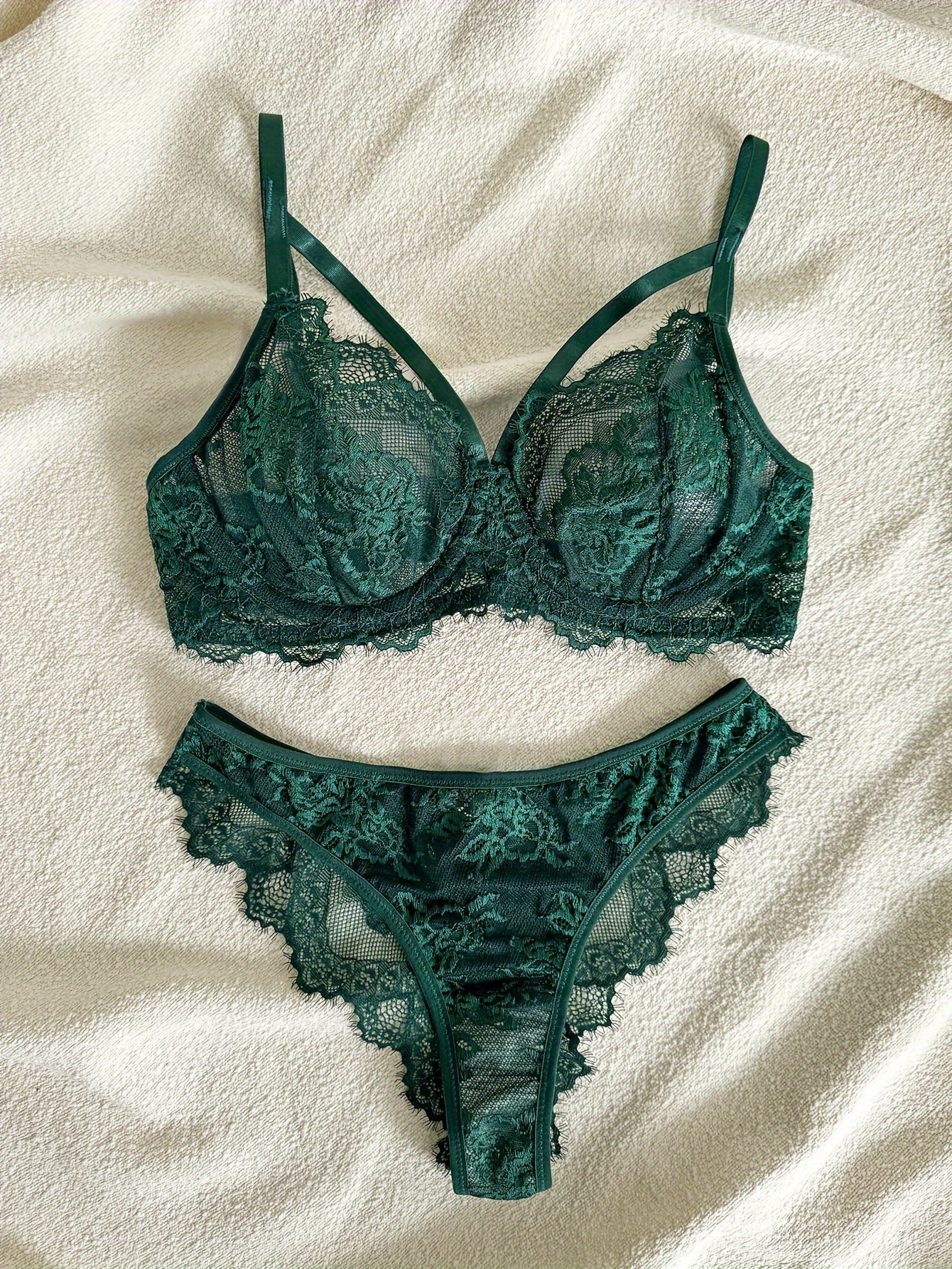 Plain Green Semi Sheer Lace Bra & Panty, Underwire Elegant Strappy Bra &  Panties Lingerie Set, Women's Lingerie & Underwear