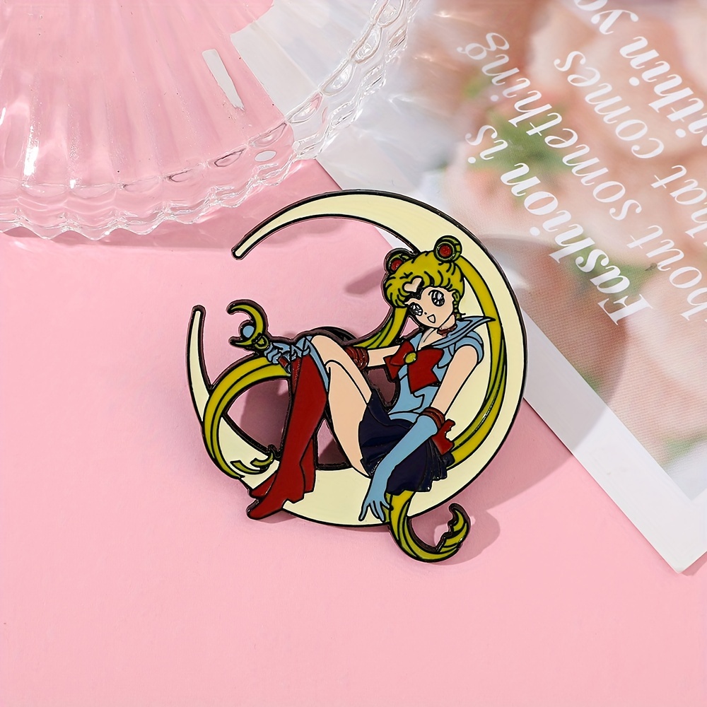 Cartoon Character Brooch Fashion Girl Sitting Moon Enamel - Temu