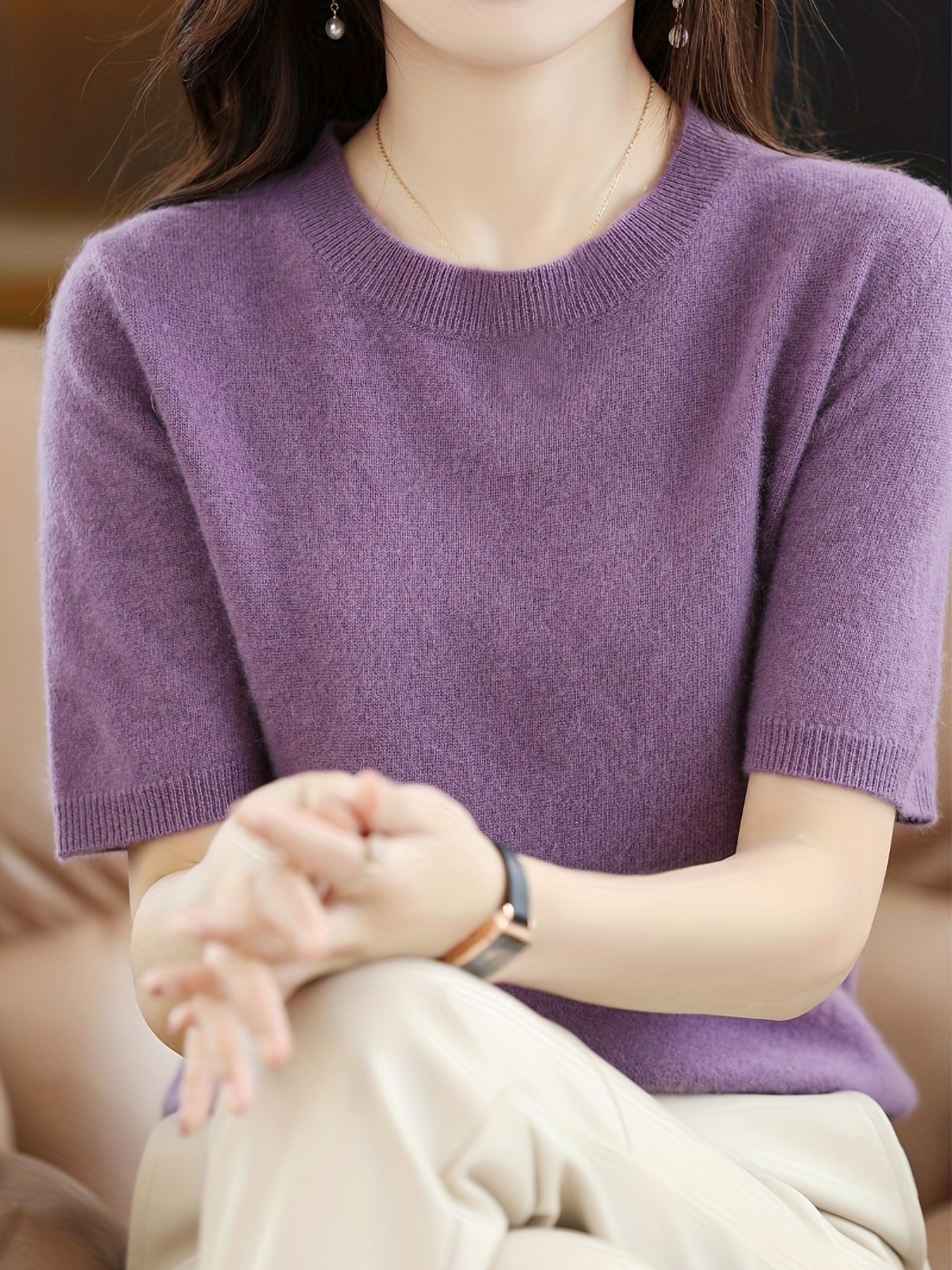 Solid Half Sleeve Sweater, Elegant Crew Neck Sweater For Spring