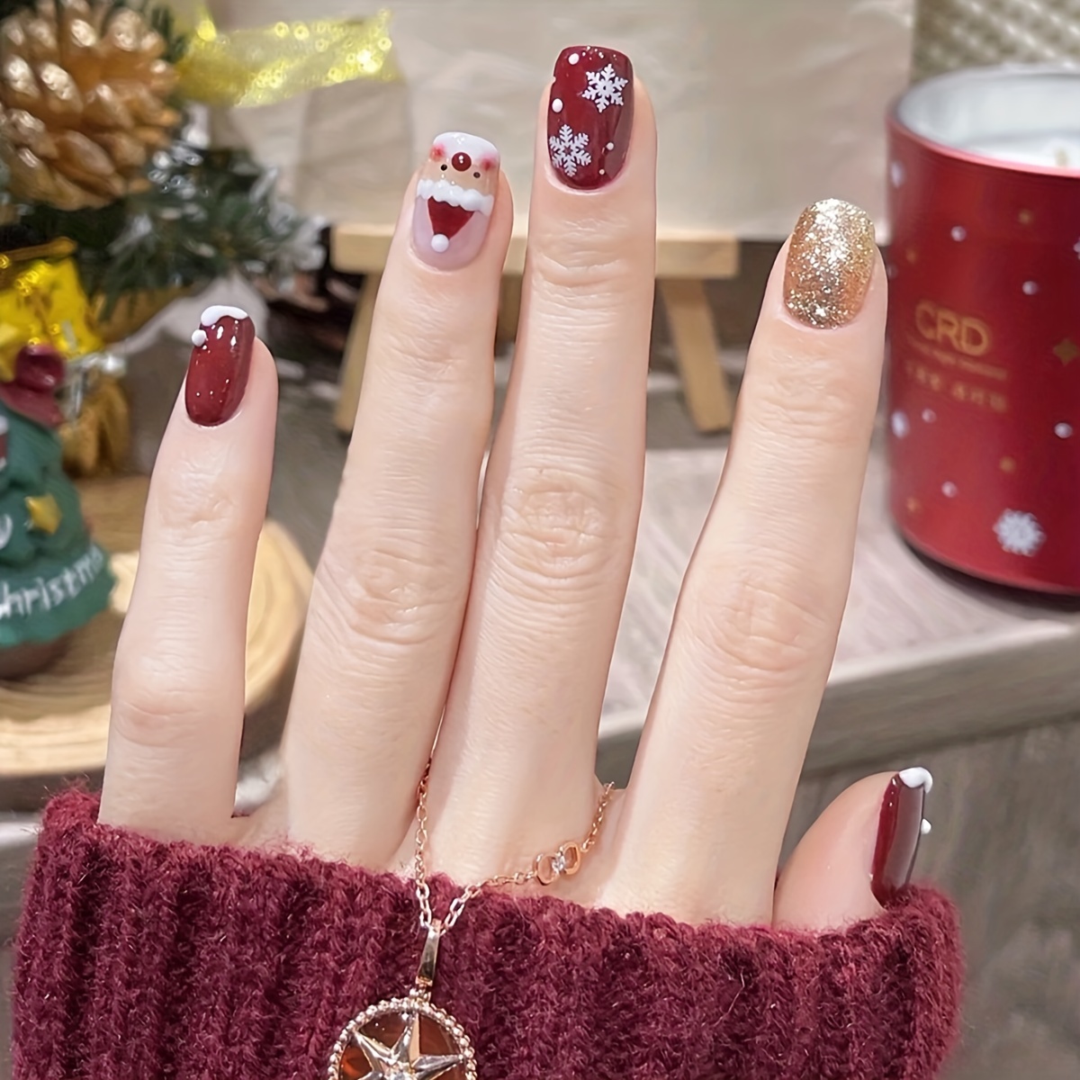 Christmas Press On Nail Fake Nails Short Square Shape With Snowflake Santa  Claus Design French Red Xmas Nail Tips Golden Glitter False Nail For Women